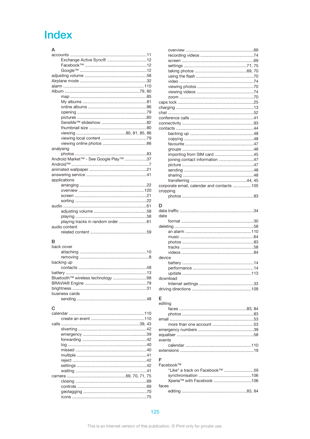 Sony ST27i, ST27A manual Index, 125 