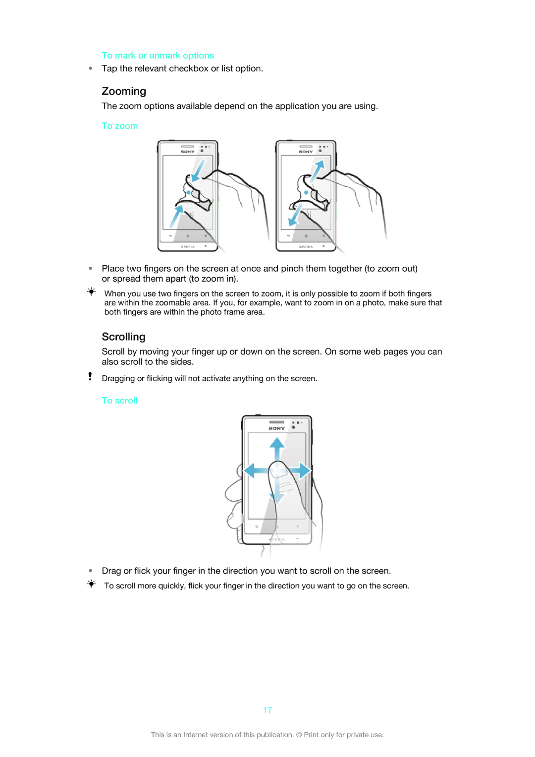 Sony ST27i, ST27A manual Zooming, Scrolling, To mark or unmark options, To zoom, To scroll 