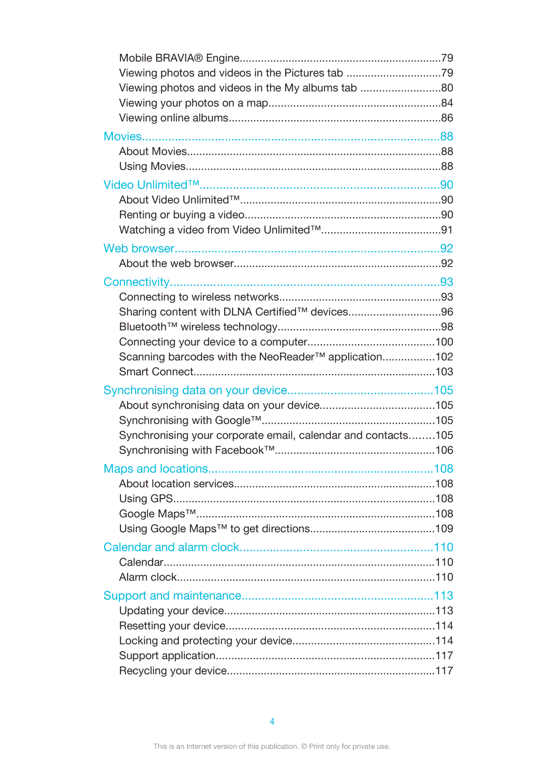 Sony ST27A, ST27i manual About Movies Using Movies, About the web browser, Calendar 110 Alarm clock 