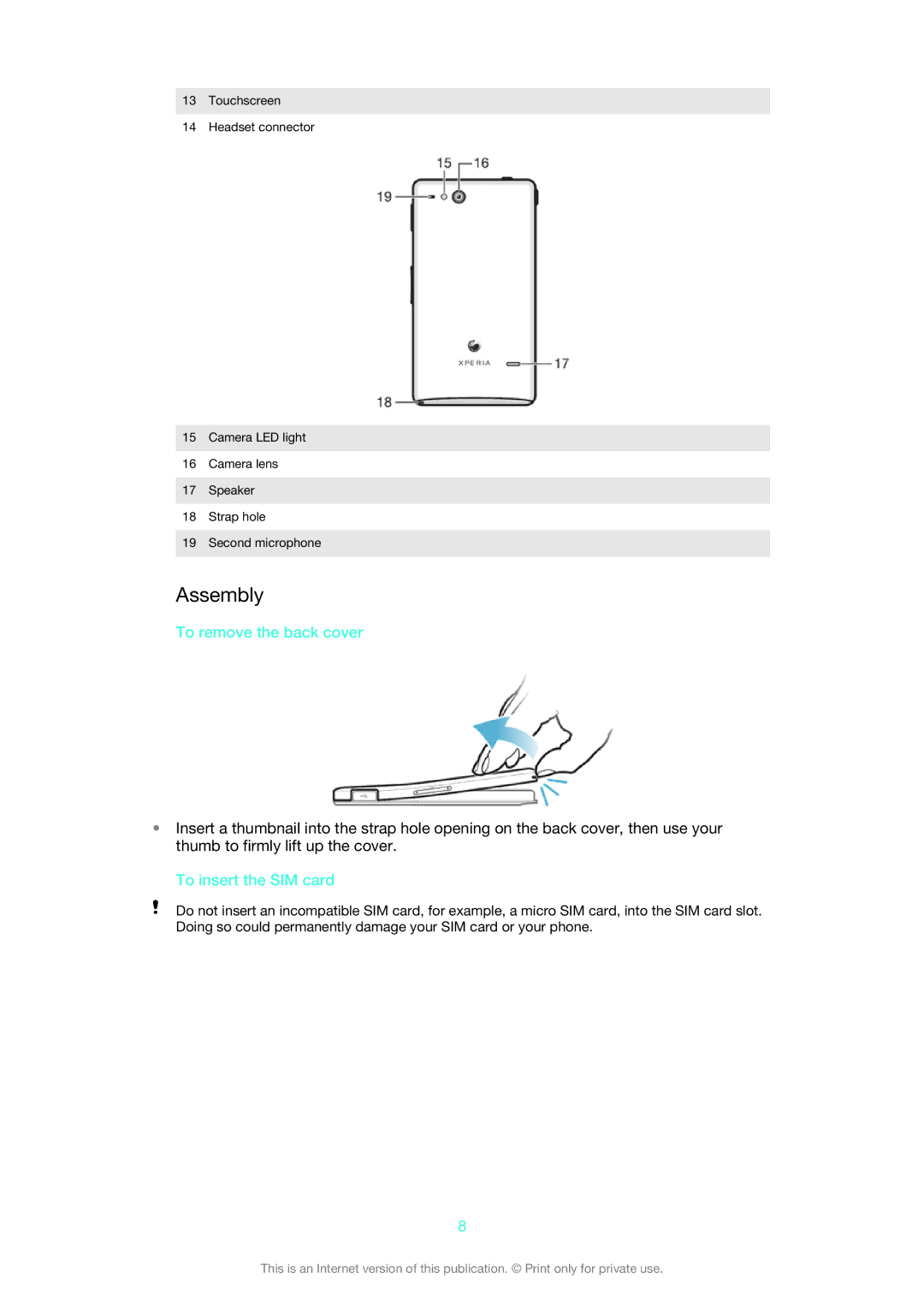 Sony ST27A, ST27i manual Assembly, To remove the back cover, To insert the SIM card 