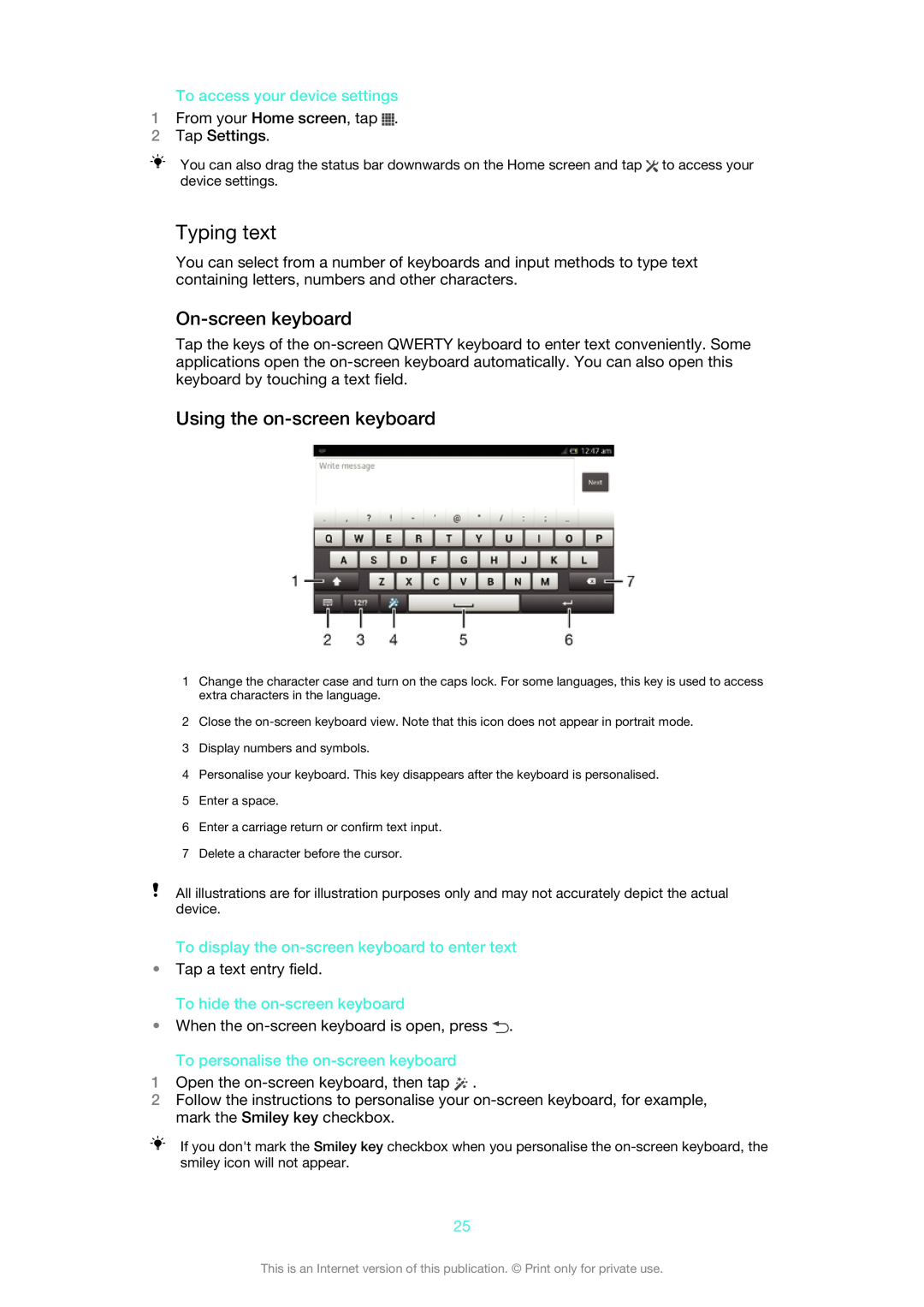 Sony ST27i, ST27A manual Typing text, On-screen keyboard, Using the on-screen keyboard, To access your device settings 