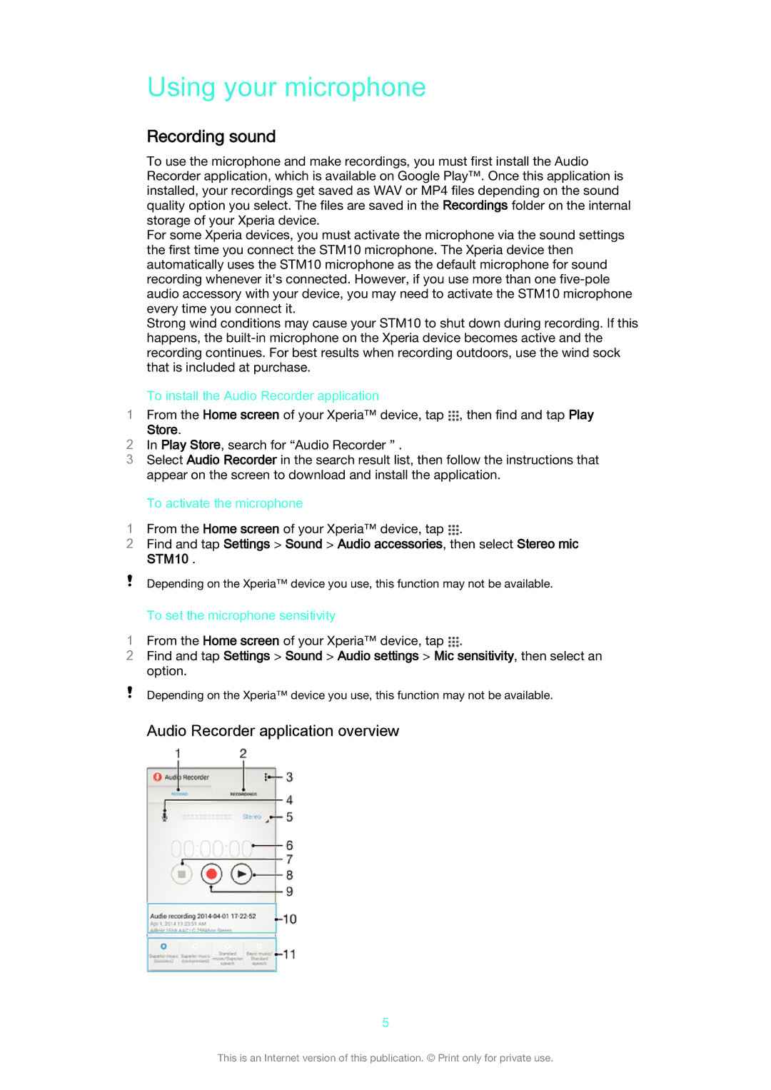 Sony STM10 manual Using your microphone, Recording sound, Audio Recorder application overview 