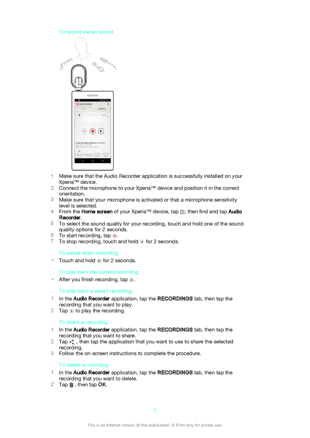 Sony STM10 manual To record stereo sound, To pause when recording, To play back the current recording, To share a recording 