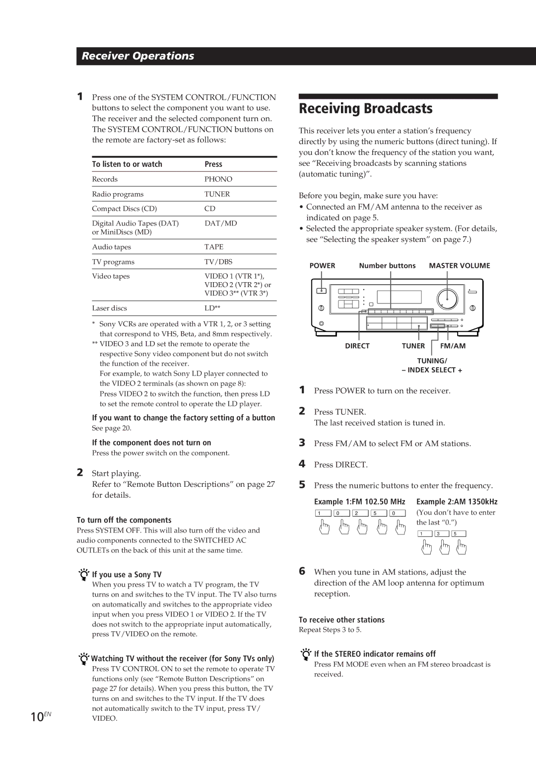 Sony STR-DE605, STR-D550Z, STR-D650Z, STR-DE705 manual Receiving Broadcasts 