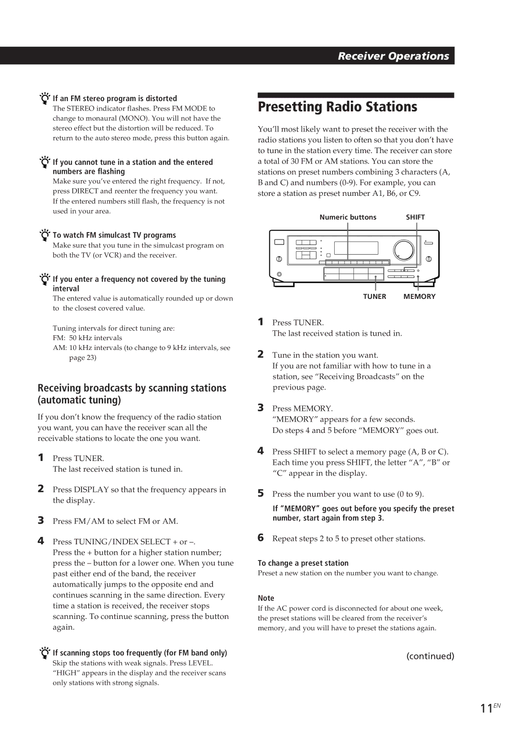 Sony STR-DE705, STR-D550Z manual Presetting Radio Stations, 11EN, Receiving broadcasts by scanning stations automatic tuning 