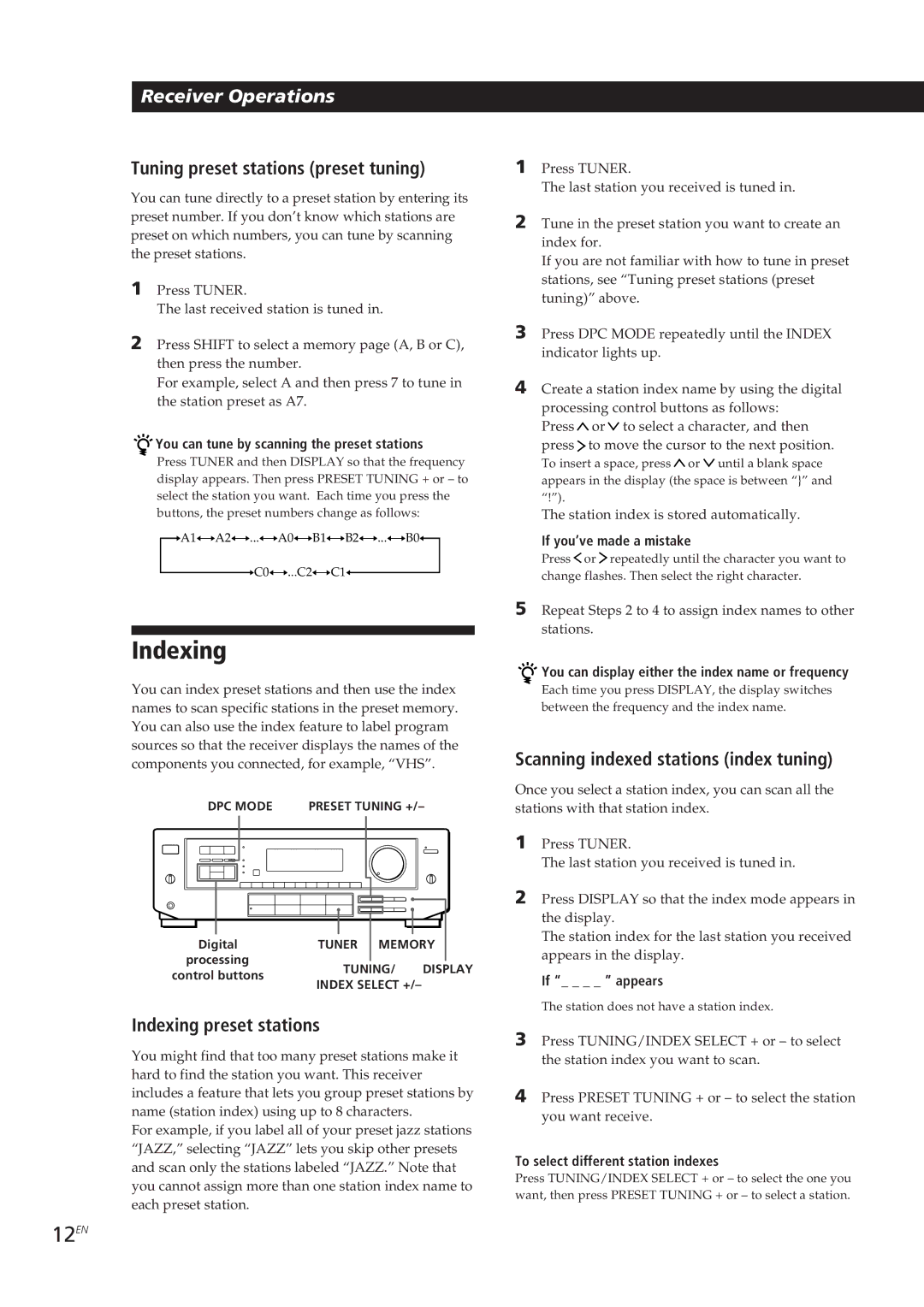 Sony STR-D550Z, STR-D650Z, STR-DE605, STR-DE705 12EN, Tuning preset stations preset tuning, Indexing preset stations 