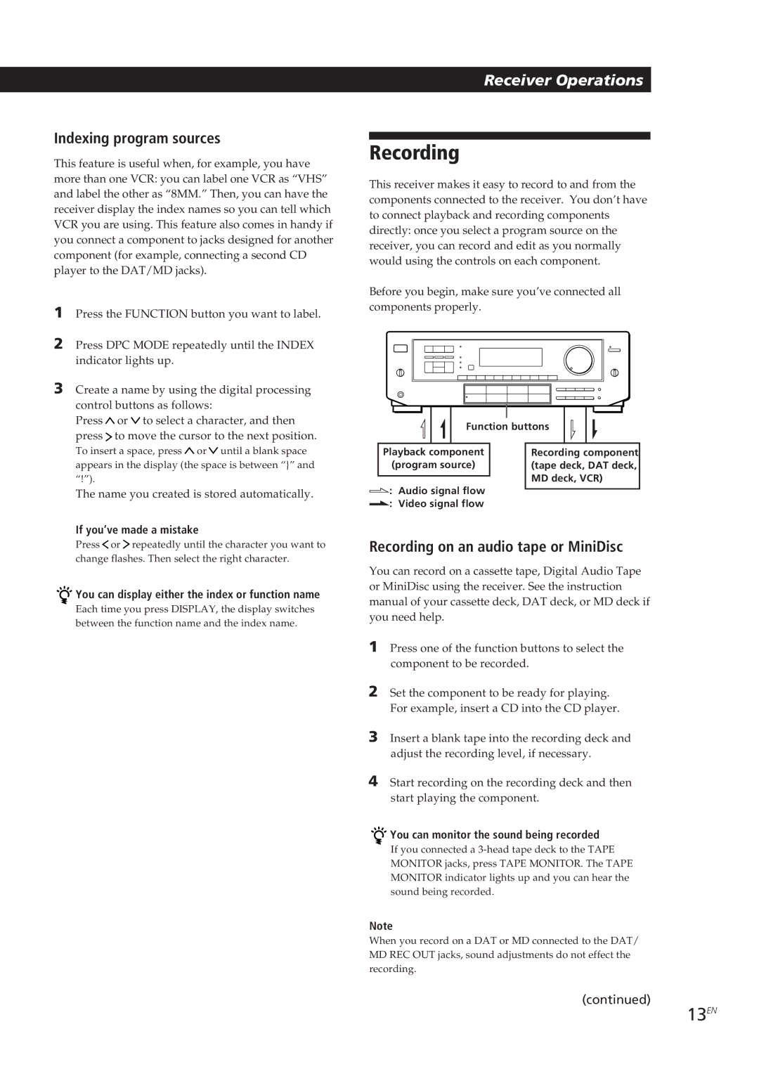 Sony STR-D650Z, STR-D550Z, STR-DE605, STR-DE705 13EN, Indexing program sources, Recording on an audio tape or MiniDisc 