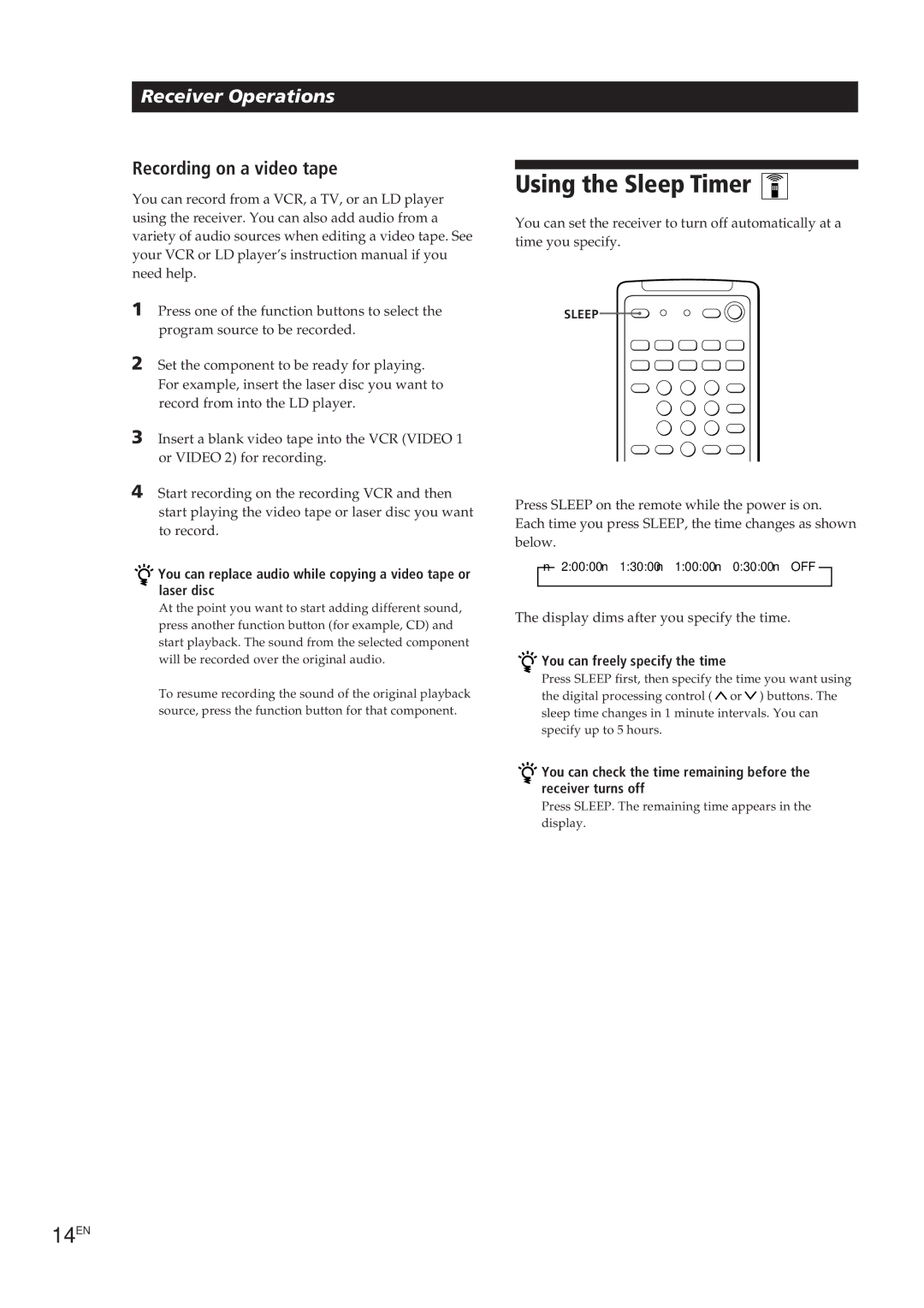 Sony STR-DE605, STR-D550Z manual Using the Sleep Timer, 14EN, Recording on a video tape, You can freely specify the time 
