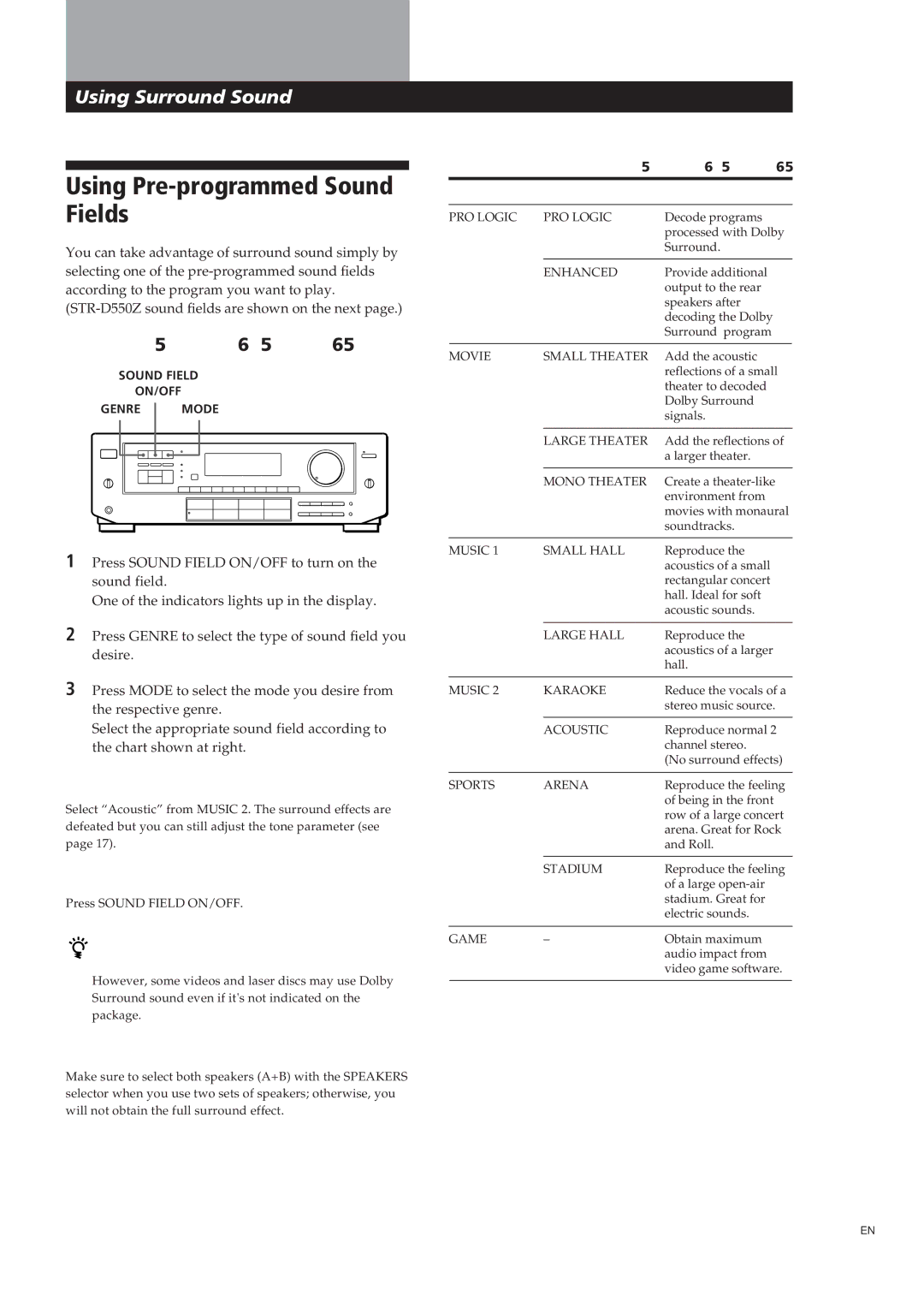 Sony STR-DE705 Using Pre-programmed Sound Fields, 15EN, To play without surround effects, To turn off the sound fields 