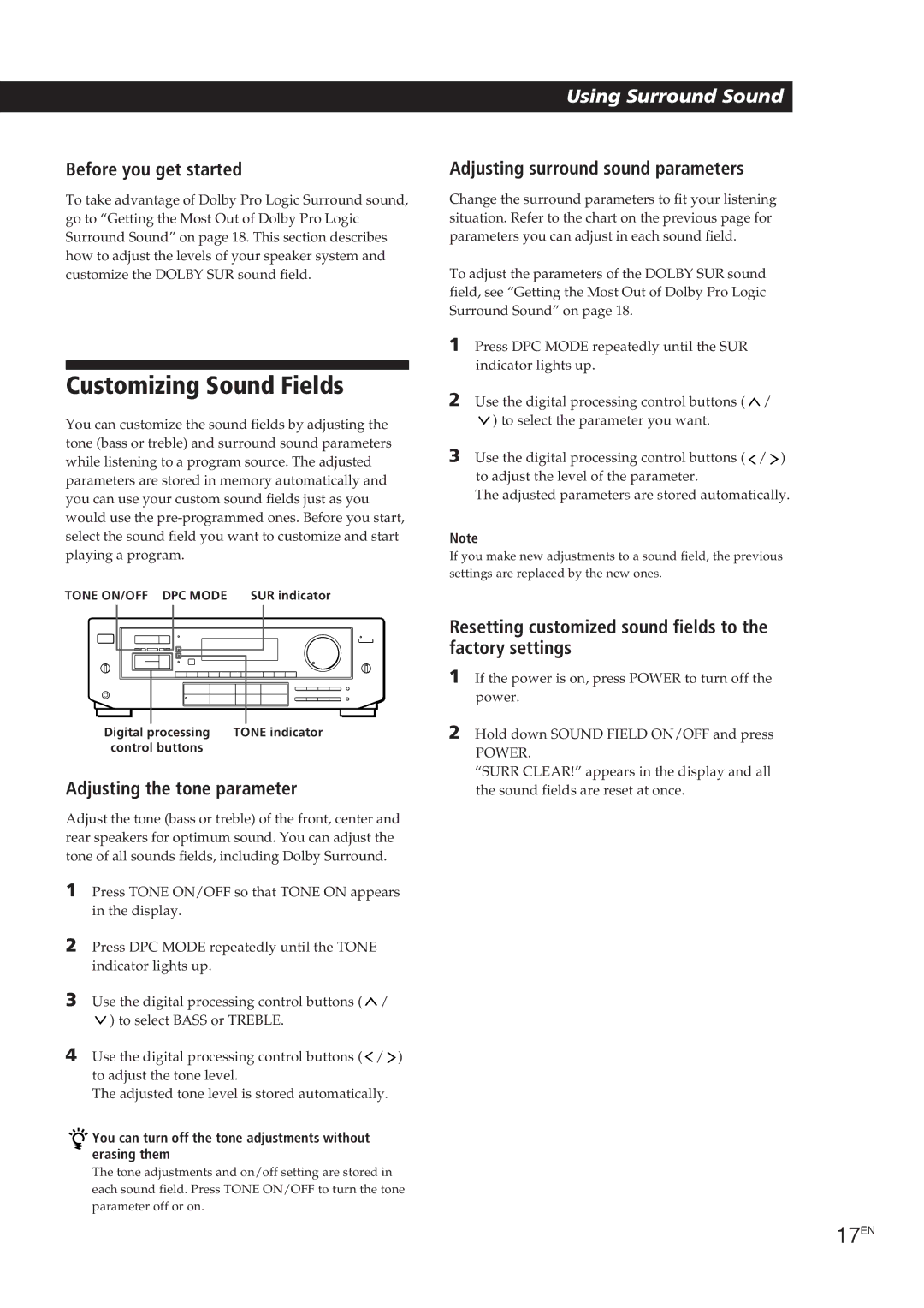 Sony STR-D650Z manual Customizing Sound Fields, 17EN, Adjusting the tone parameter, Adjusting surround sound parameters 