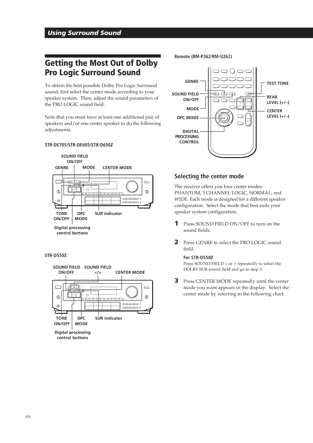 Sony STR-DE605, STR-D650Z, STR-DE705 manual 18EN, Selecting the center mode, Remote RM-P362/RM-U262, For STR-D550Z 