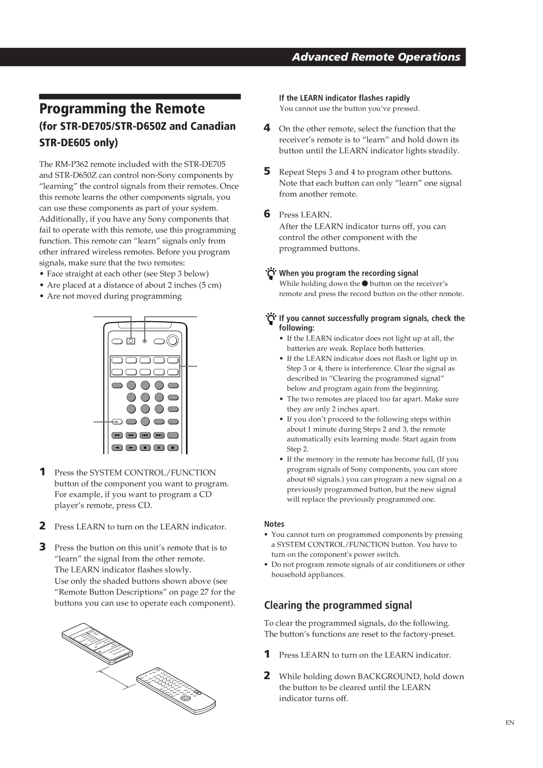 Sony Programming the Remote, 21EN, For STR-DE705/STR-D650Z and Canadian STR-DE605 only, Clearing the programmed signal 