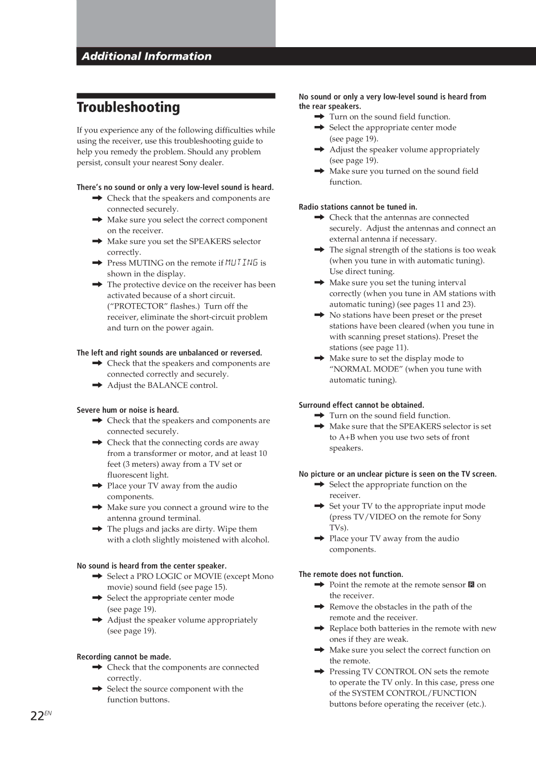 Sony STR-DE605, STR-D550Z, STR-D650Z, STR-DE705 manual Troubleshooting, 22EN 