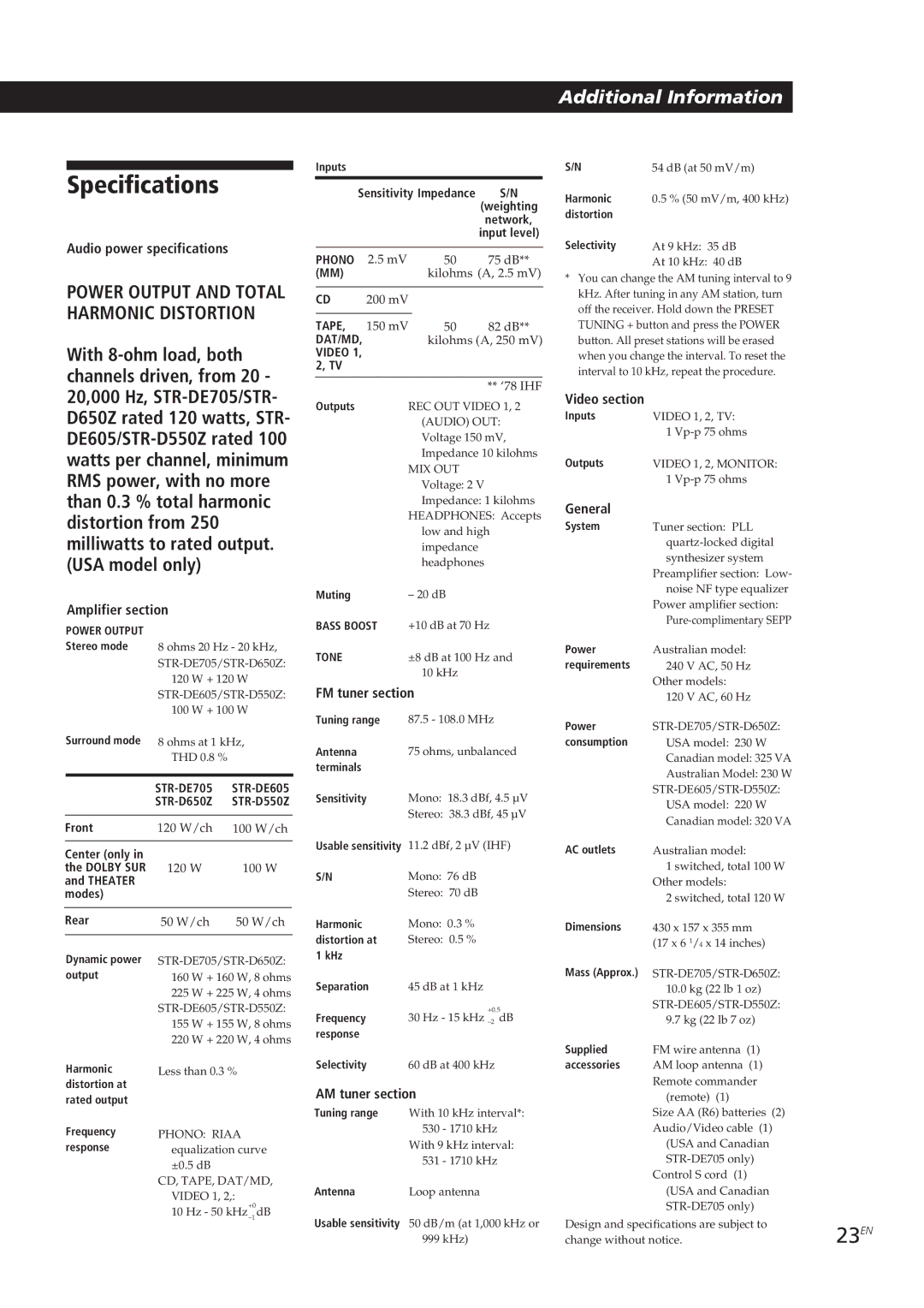 Sony STR-DE705, STR-D550Z, STR-D650Z, STR-DE605 manual Specifications 