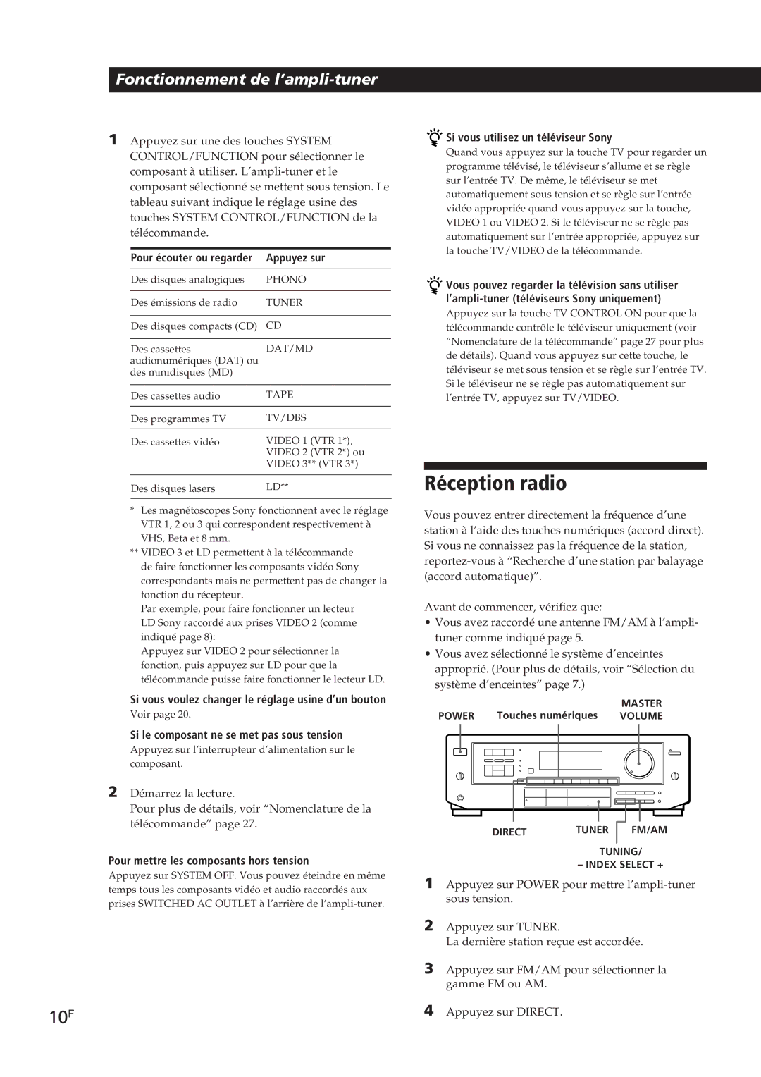 Sony STR-DE605, STR-D550Z 10F, Si vous utilisez un téléviseur Sony, Si vous voulez changer le réglage usine d’un bouton 