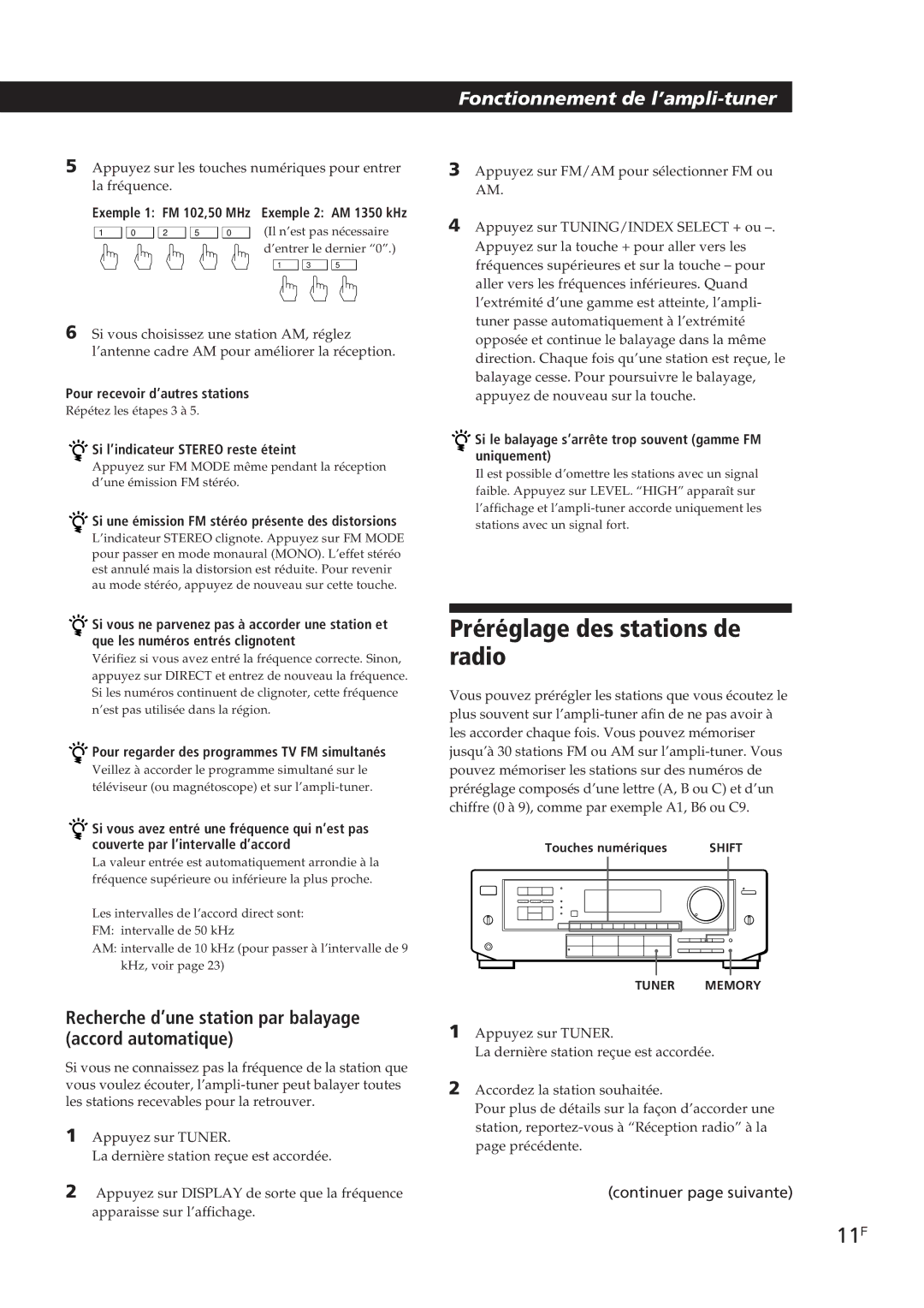 Sony STR-DE705, STR-D550Z Préréglage des stations de radio, 11F, Recherche d’une station par balayage accord automatique 