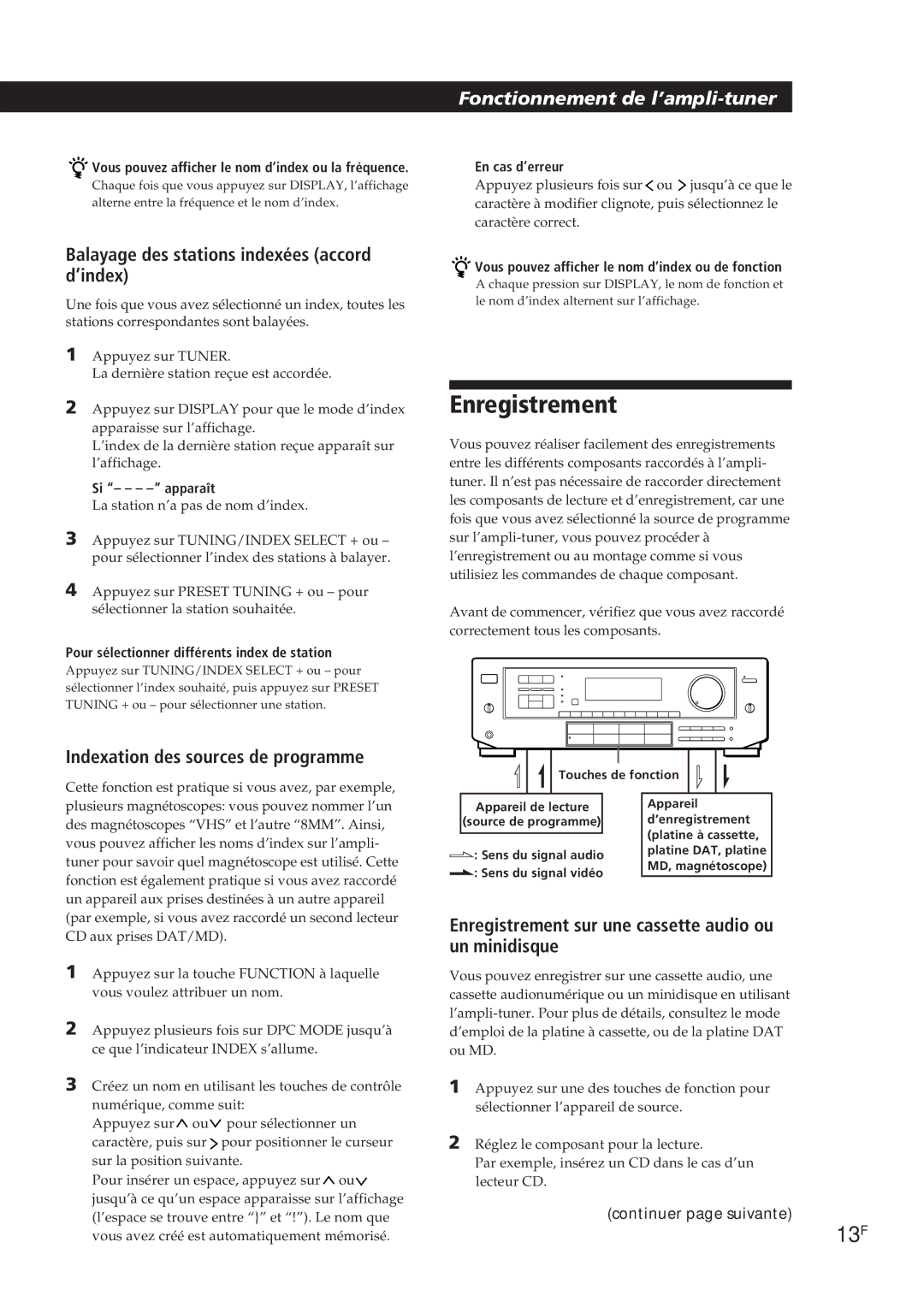 Sony STR-D650Z Enregistrement, 13F, Balayage des stations indexées accord d’index, Indexation des sources de programme 