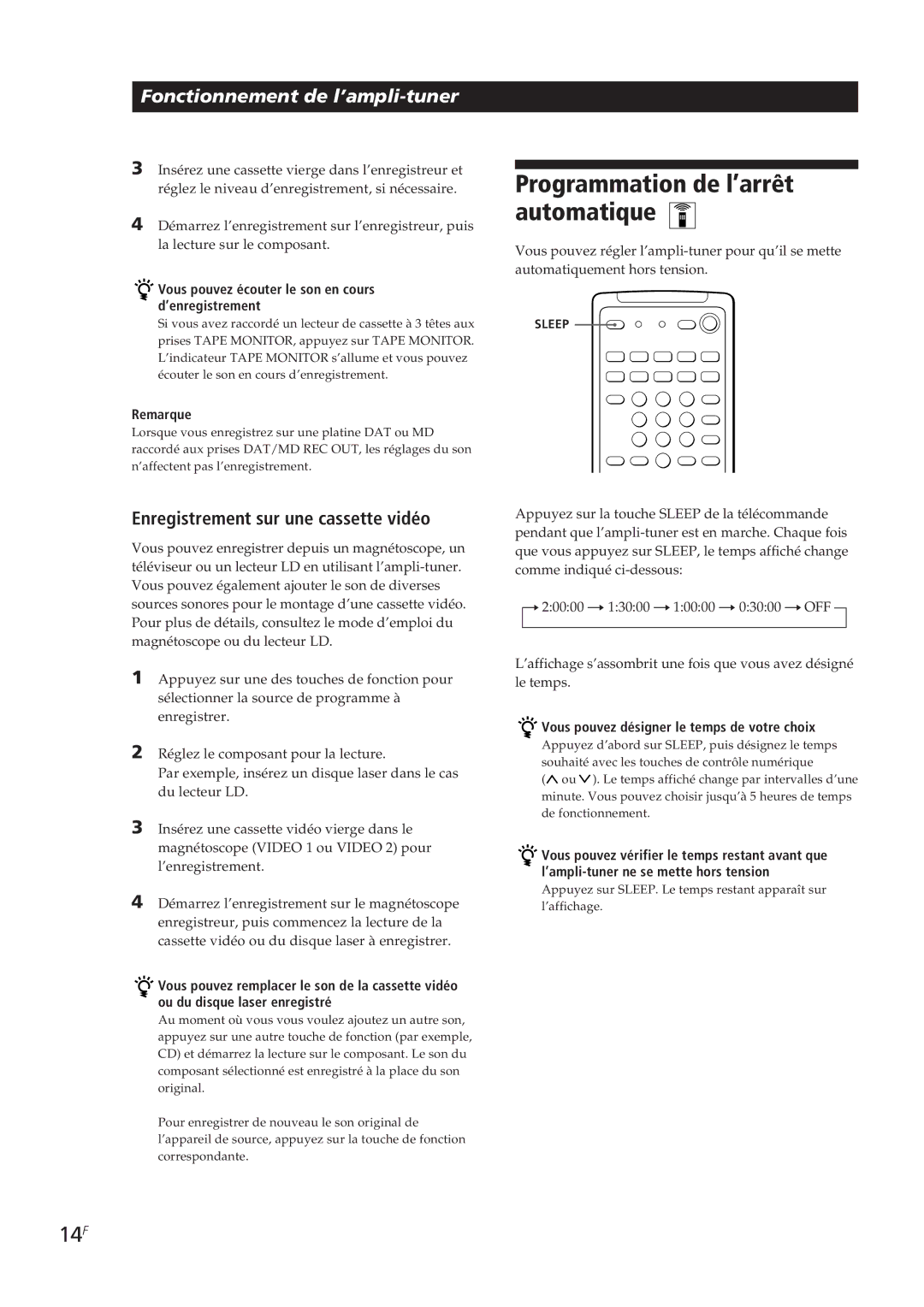 Sony STR-DE605, STR-D550Z, STR-D650Z manual Programmation de l’arrêt automatique, 14F, Enregistrement sur une cassette vidéo 