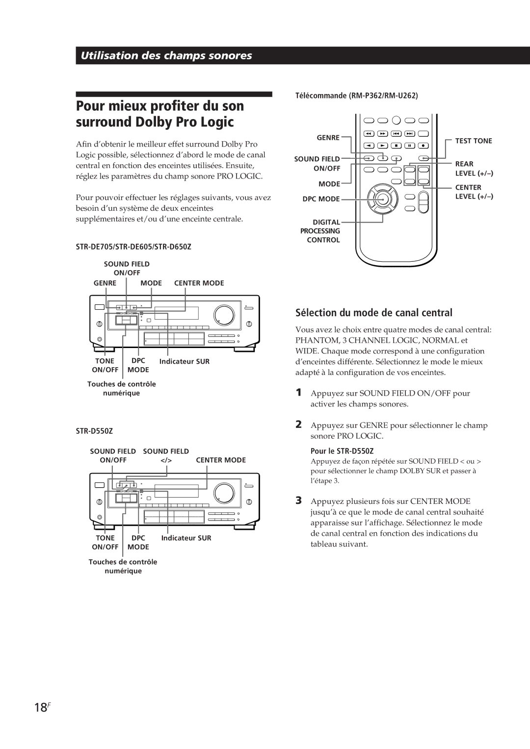 Sony STR-DE605, STR-D650Z manual 18F, Sélection du mode de canal central, Télécommande RM-P362/RM-U262, Pour le STR-D550Z 