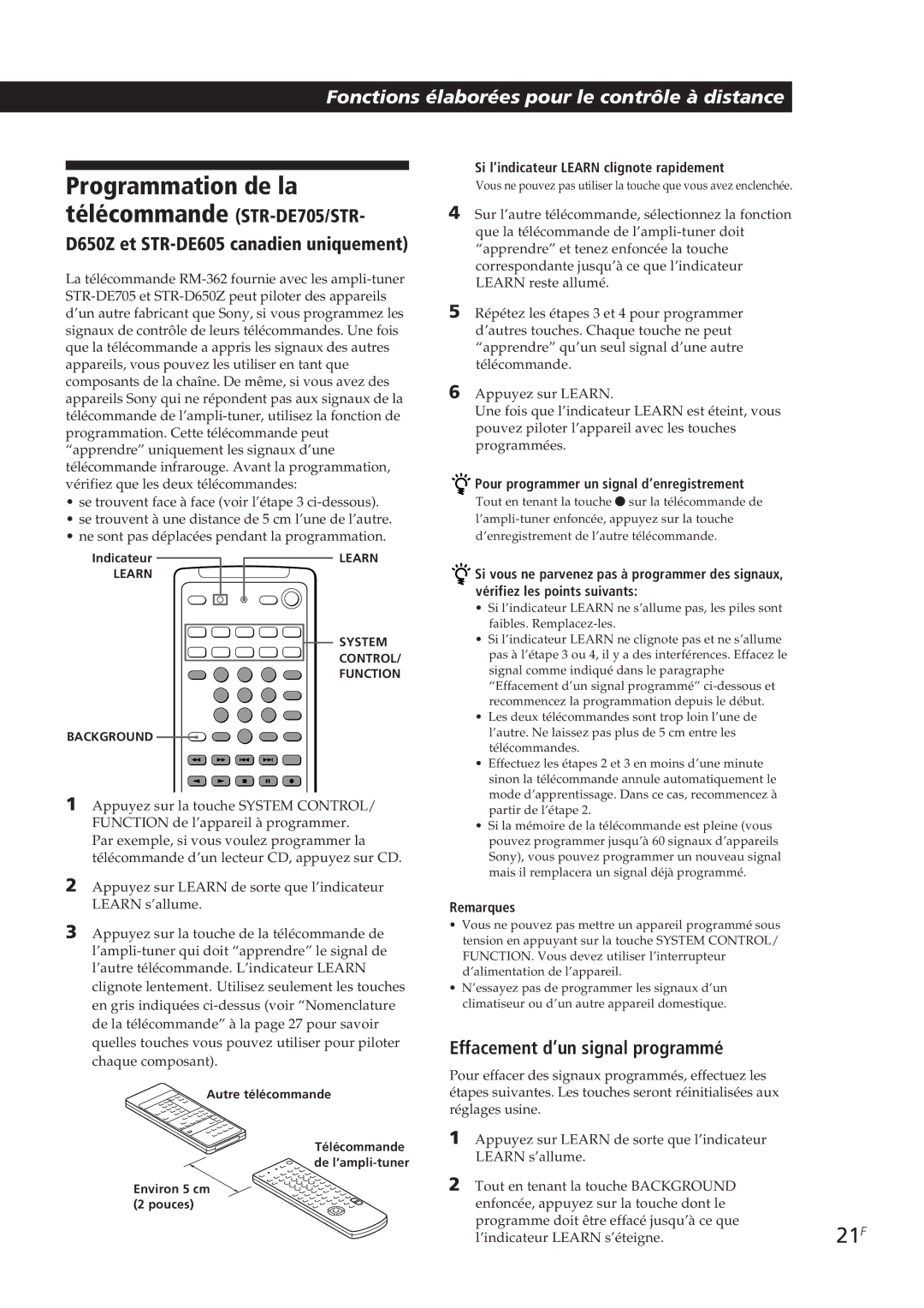 Sony STR-D650Z, STR-D550Z, STR-DE605 manual Programmation de la, Télécommande STR-DE705/STR, Effacement d’un signal programmé 