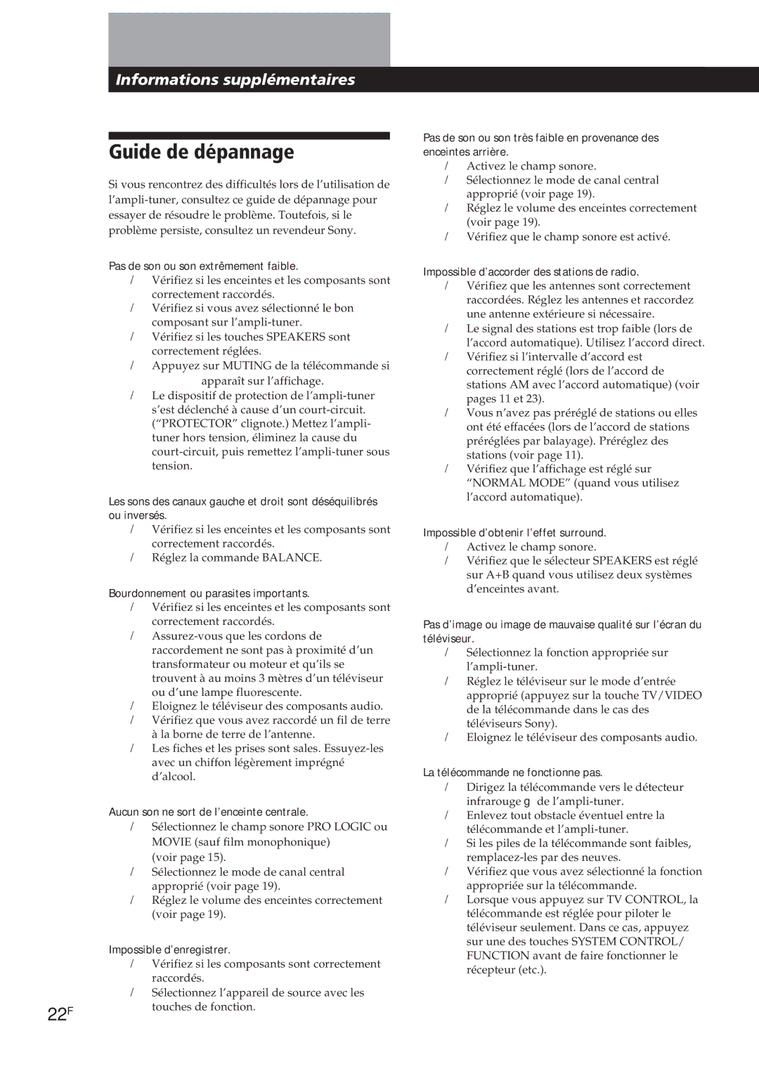 Sony STR-DE605, STR-D550Z, STR-D650Z, STR-DE705 manual Guide de dépannage 