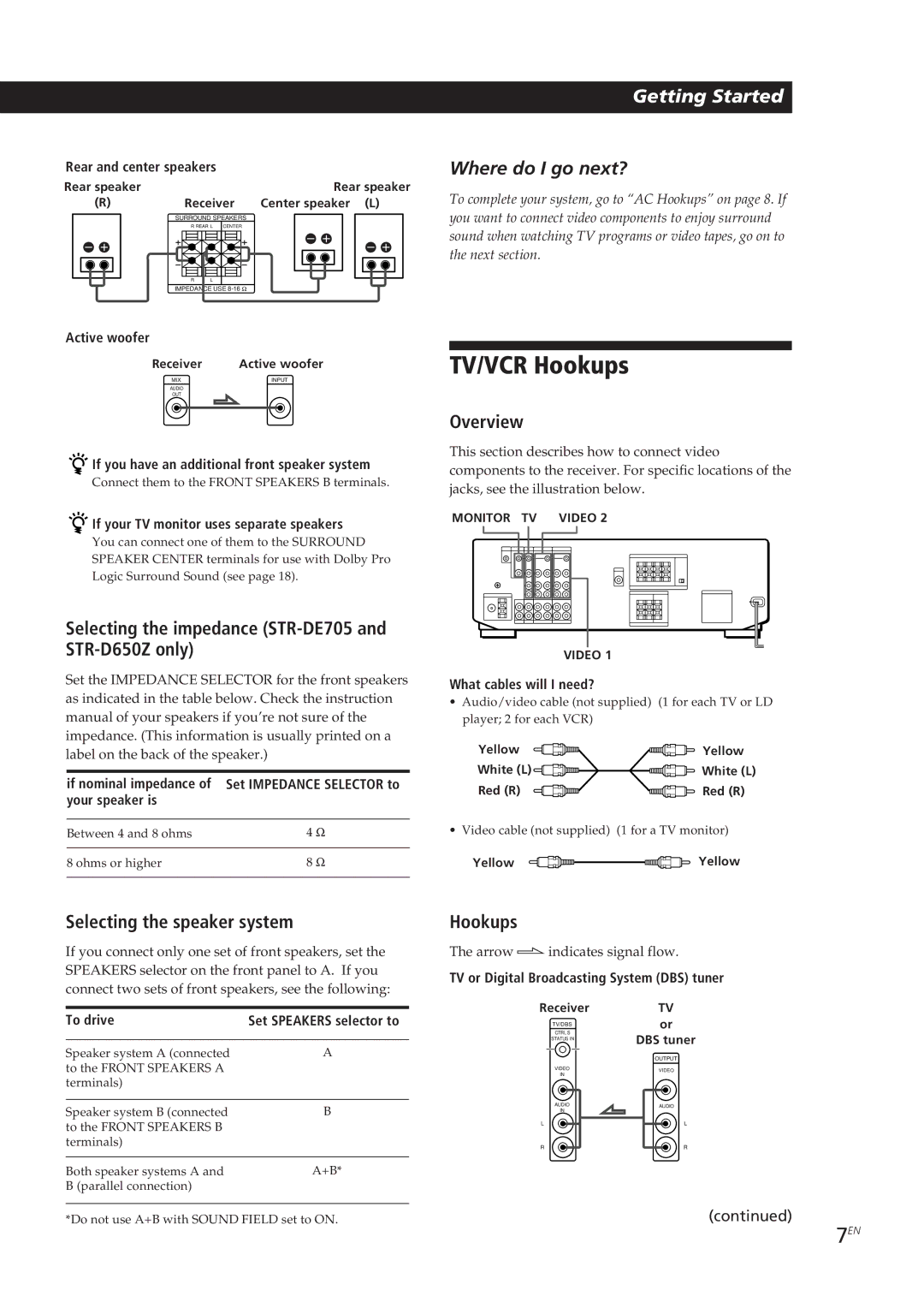 Sony STR-D550Z manual TV/VCR Hookups, Selecting the impedance STR-DE705 and STR-D650Z only, Selecting the speaker system 