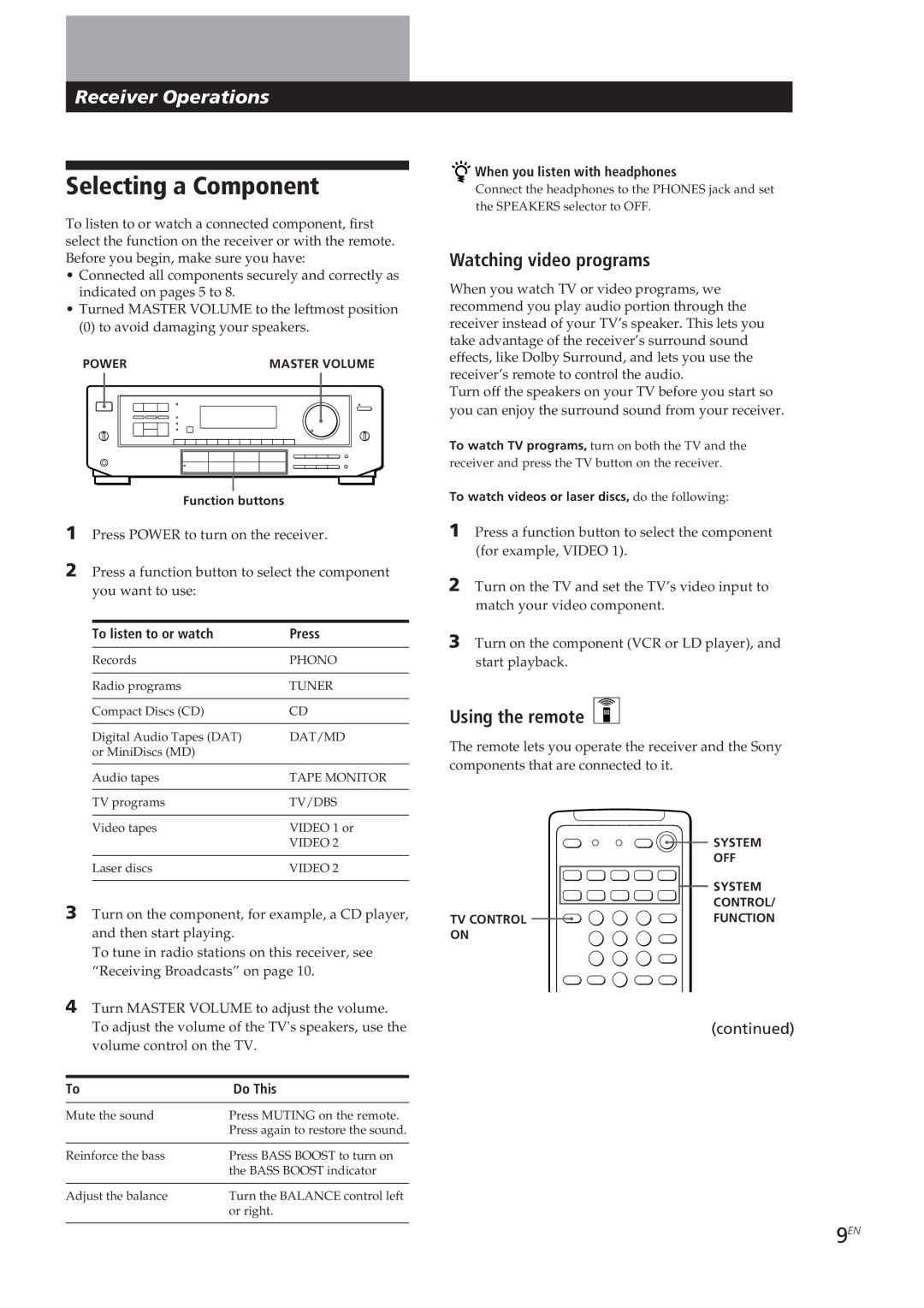 Sony STR-D650Z, STR-D550Z, STR-DE605, STR-DE705 manual Selecting a Component, Watching video programs, Using the remote 