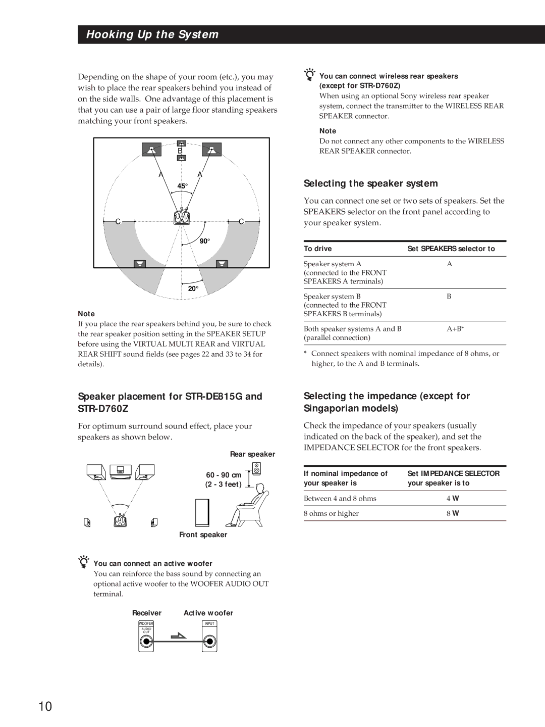 Sony STR-DE1015G, STR-DE815G, STR-D760Z Selecting the speaker system, Speaker placement for STR-DE815G and STR-D760Z 