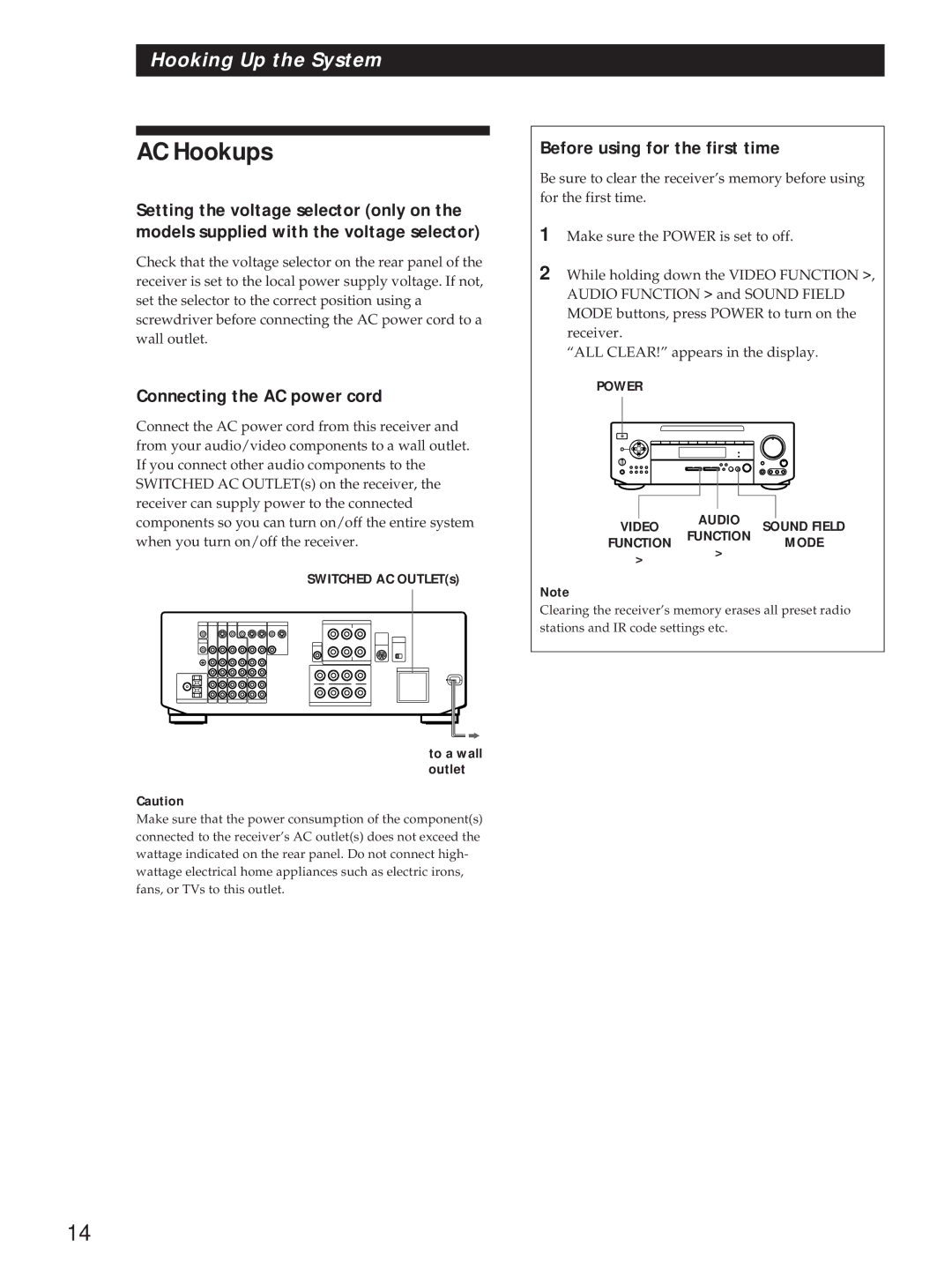 Sony STR-DE1015G, STR-DE815G, STR-D760Z AC Hookups, Connecting the AC power cord, Before using for the first time 