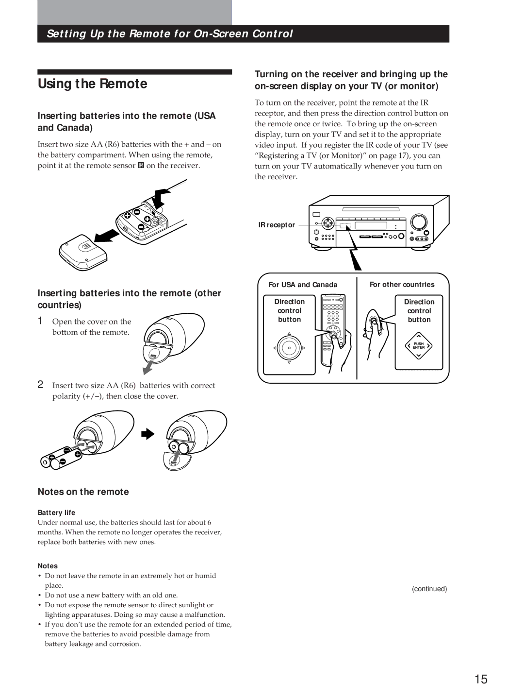 Sony STR-D760Z, STR-DE815G Using the Remote, Inserting batteries into the remote USA and Canada, Battery life 