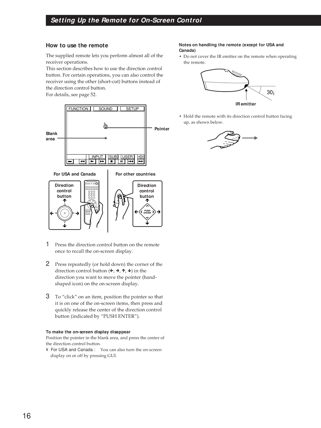 Sony STR-DE815G How to use the remote, To make the on-screen display disappear, Blank Pointer Area, For USA and Canada 