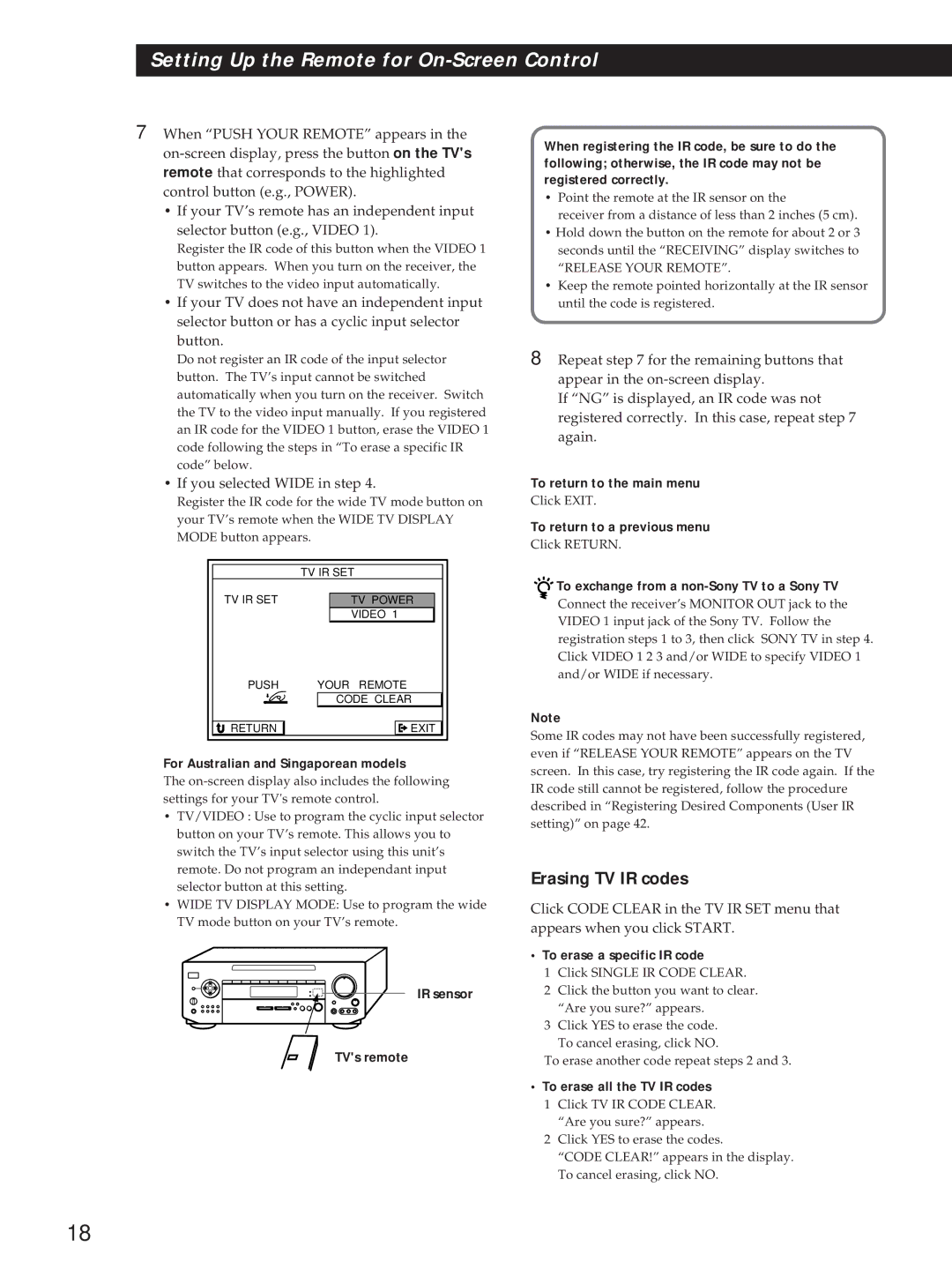 Sony STR-DE1015G, STR-DE815G, STR-D760Z operating instructions Erasing TV IR codes 