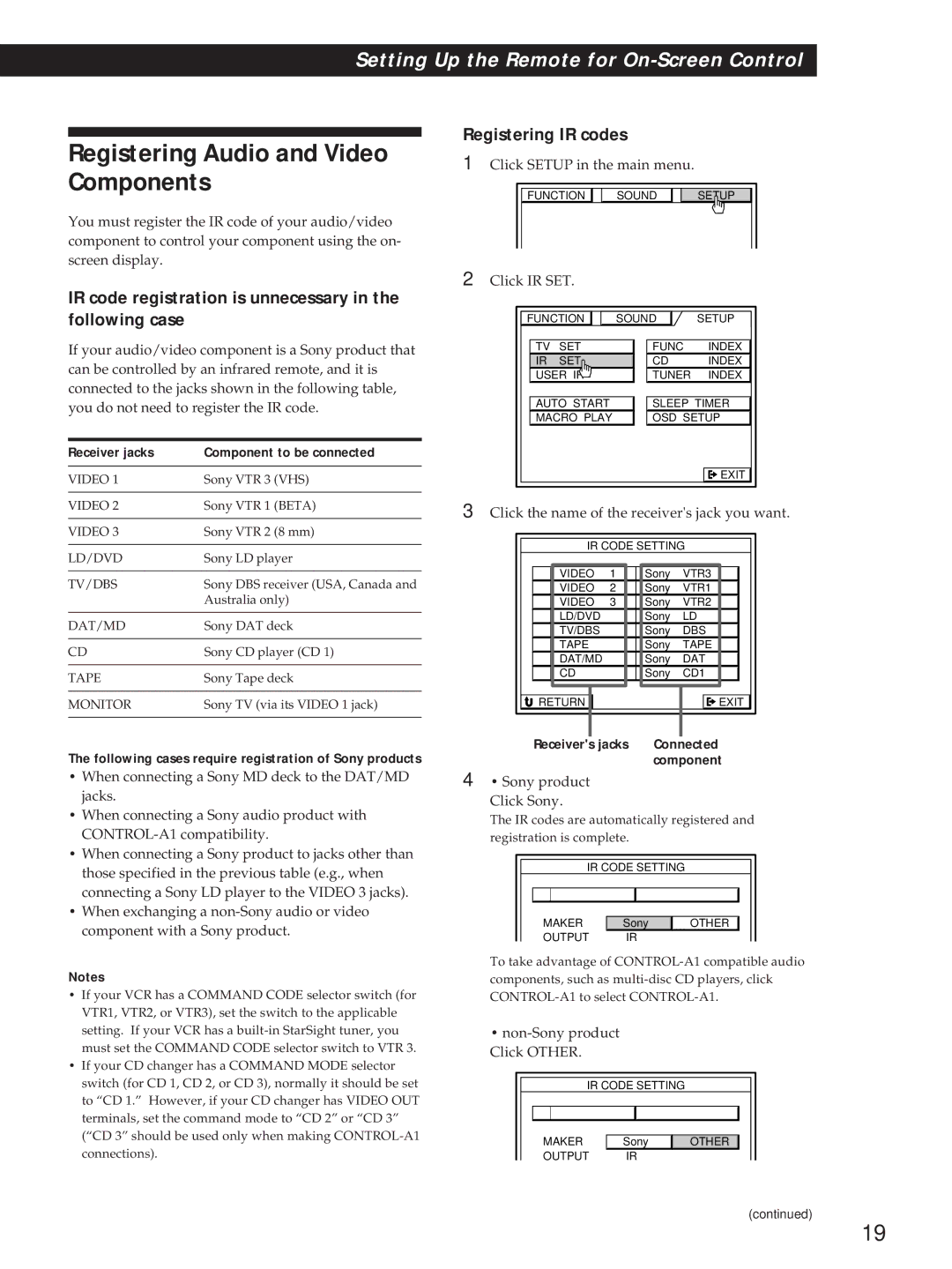 Sony STR-DE815G Registering Audio and Video Components, IR code registration is unnecessary in the following case 