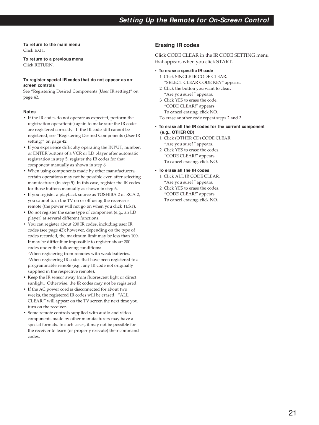 Sony STR-DE1015G, STR-DE815G, STR-D760Z operating instructions Erasing IR codes, To erase all the IR codes 