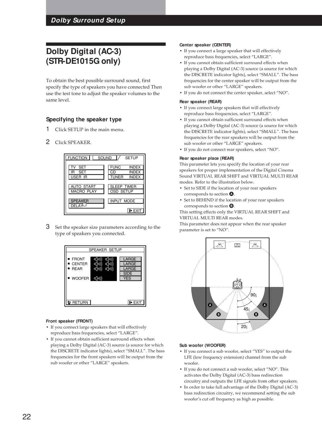 Sony STR-DE1015G, STR-DE815G, STR-D760Z operating instructions Specifying the speaker type 