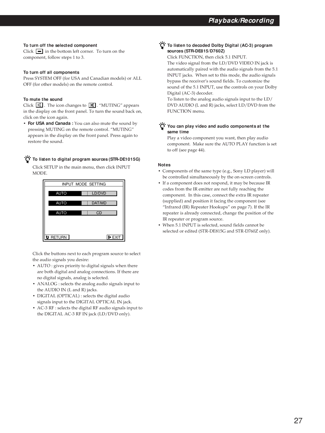 Sony STR-D760Z, STR-DE815G To turn off the selected component, To turn off all components, To mute the sound 