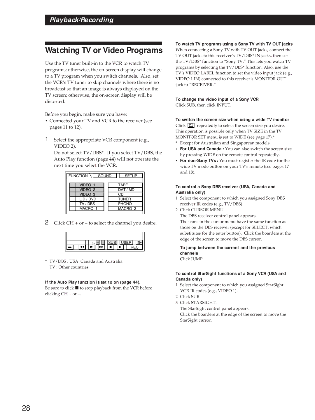 Sony STR-DE1015G, STR-DE815G, STR-D760Z operating instructions Watching TV or Video Programs 