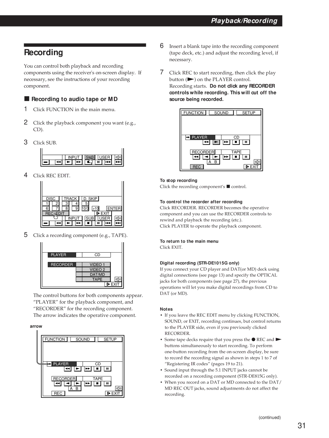 Sony STR-DE815G, STR-D760Z Recording to audio tape or MD, To stop recording, To control the recorder after recording 