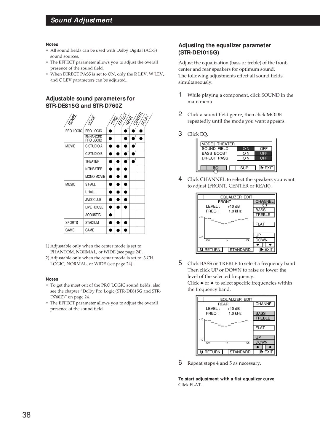 Sony STR-DE1015G, STR-DE815G, STR-D760Z operating instructions Adjusting the equalizer parameter STR-DE1015G, Click EQ 