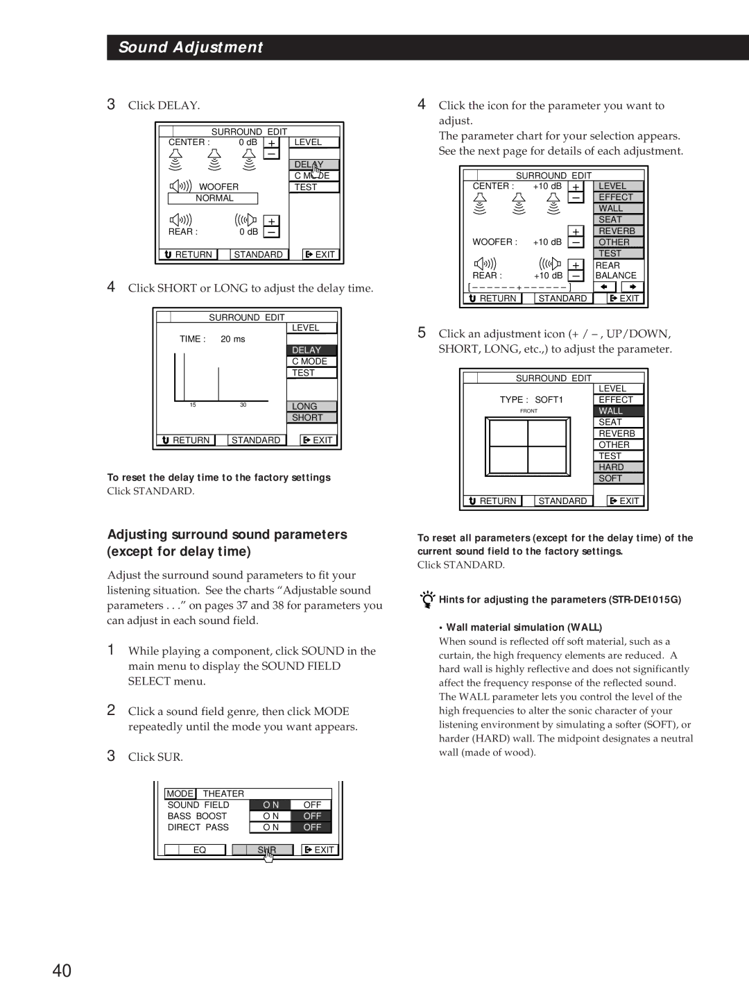 Sony STR-DE815G, STR-D760Z operating instructions Adjusting surround sound parameters except for delay time, Click Delay 