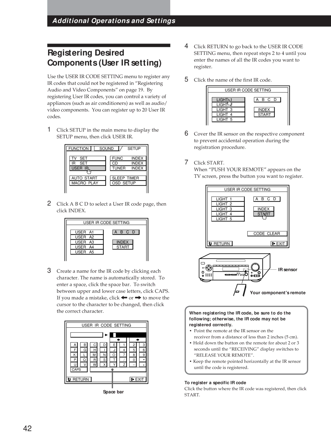 Sony STR-D760Z, STR-DE815G To register a specific IR code, Space bar, IR sensor Your components remote 