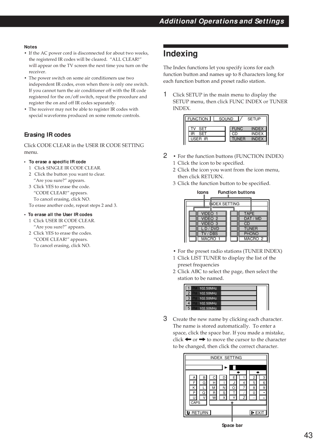 Sony STR-DE815G Indexing, Click Code Clear in the User IR Code Setting menu, To erase all the User IR codes, Icons 