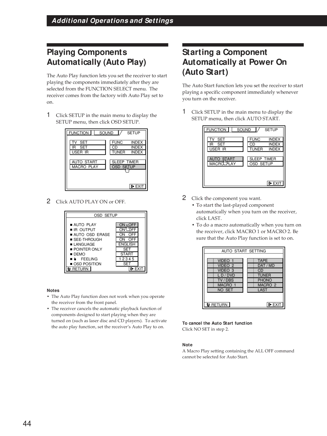 Sony STR-DE1015G, STR-DE815G, STR-D760Z operating instructions Starting a Component Automatically at Power On Auto Start 