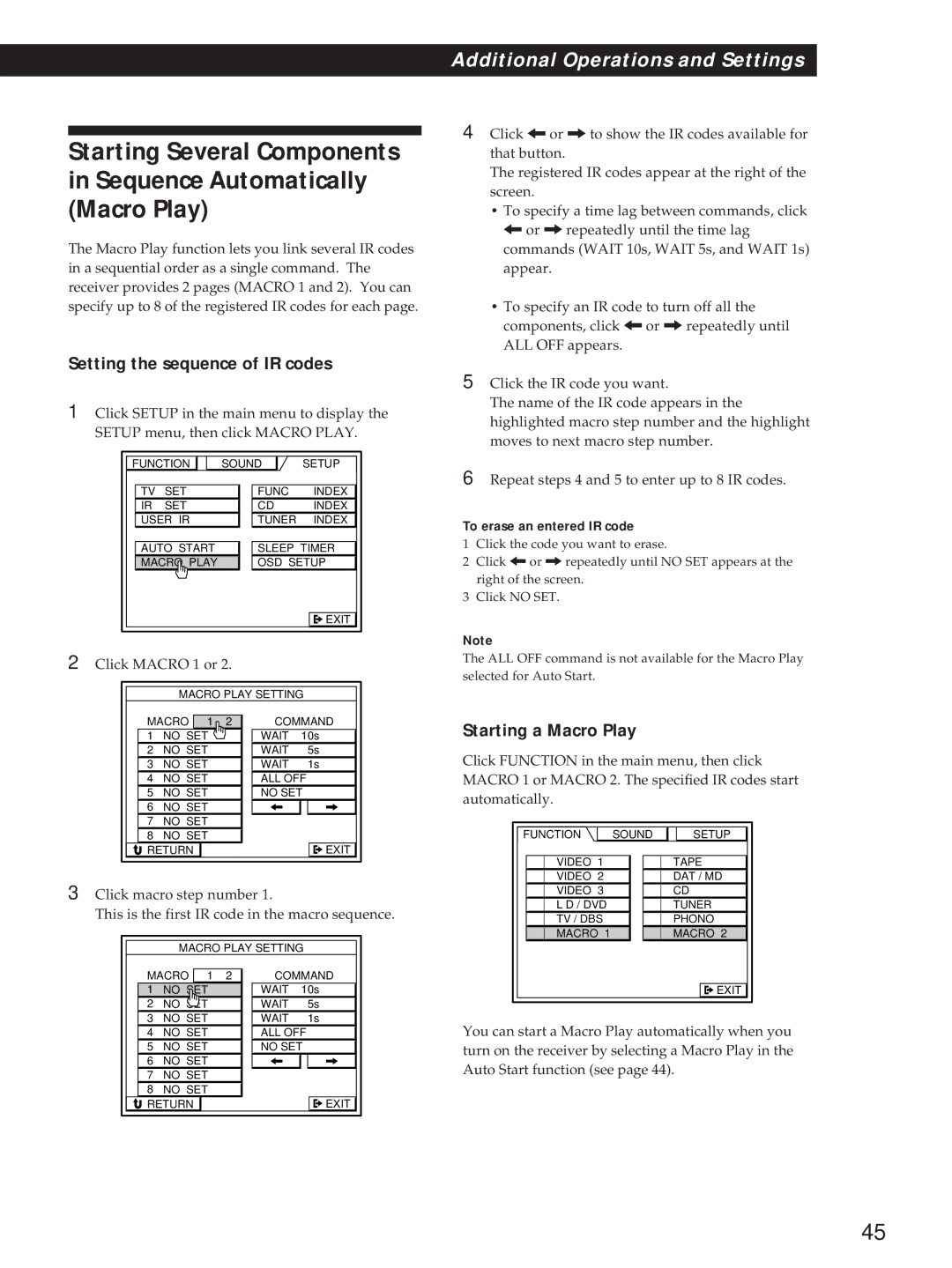 Sony STR-D760Z Setting the sequence of IR codes, Starting a Macro Play, Click Macro 1 or, To erase an entered IR code 