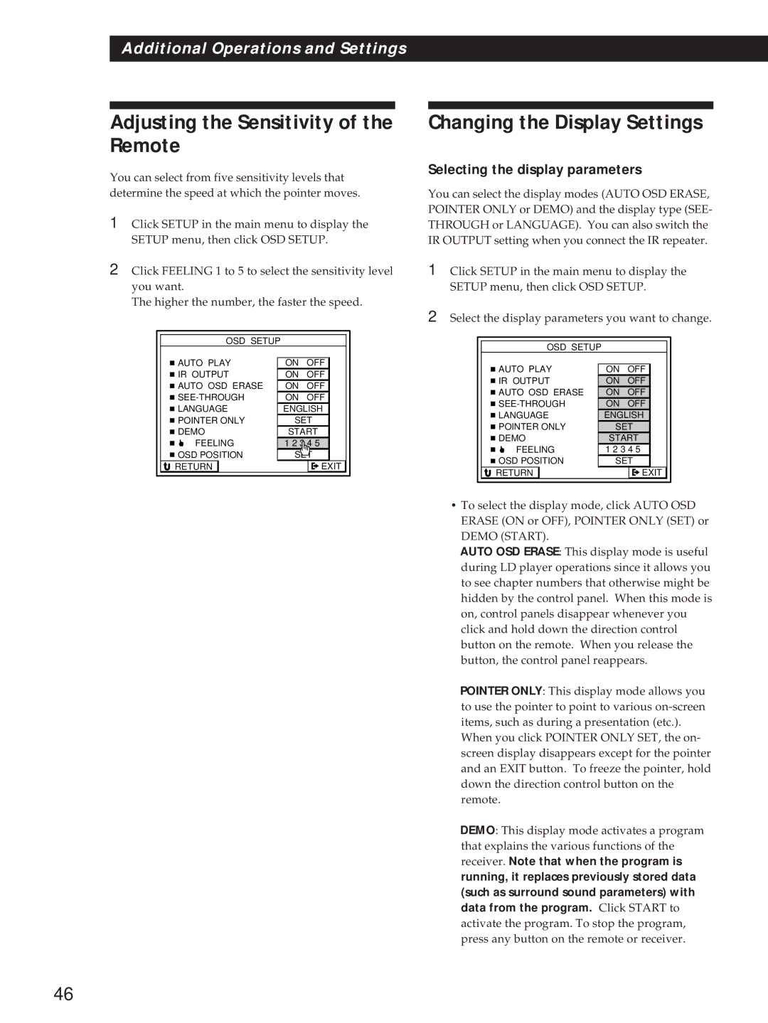 Sony STR-DE815G Adjusting the Sensitivity of the Remote, Changing the Display Settings, Selecting the display parameters 