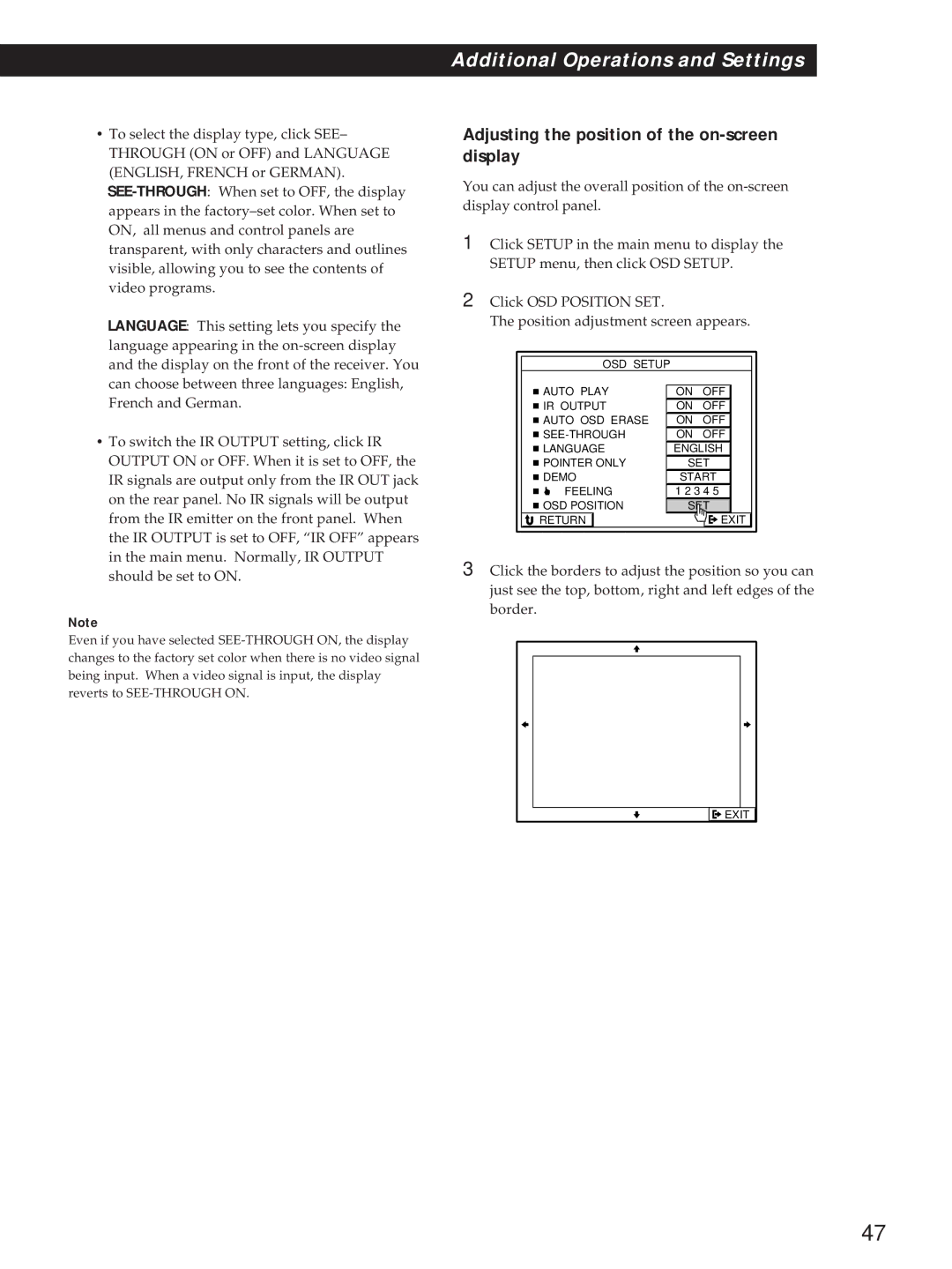 Sony STR-DE1015G, STR-DE815G, STR-D760Z operating instructions Adjusting the position of the on-screen display 