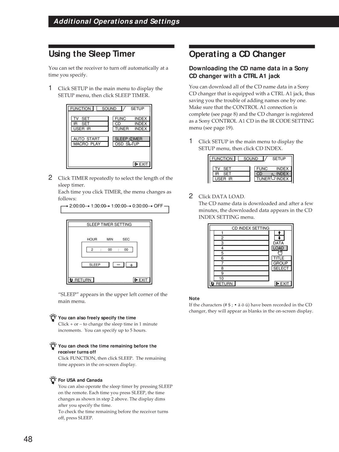 Sony STR-D760Z Using the Sleep Timer, Operating a CD Changer, Sleep appears in the upper left corner of the main menu 