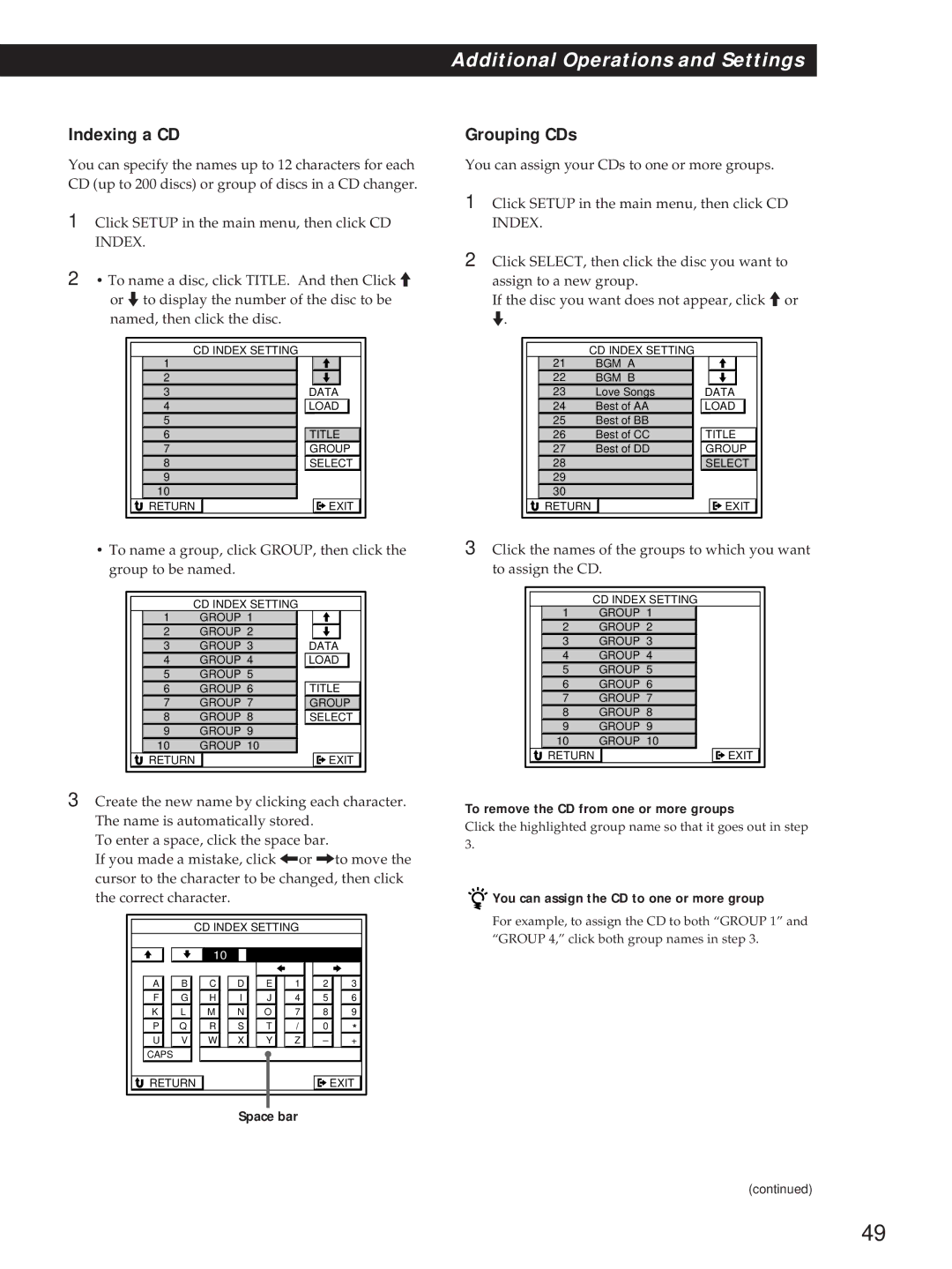 Sony STR-DE815G, STR-D760Z operating instructions Indexing a CD, Grouping CDs, To remove the CD from one or more groups 