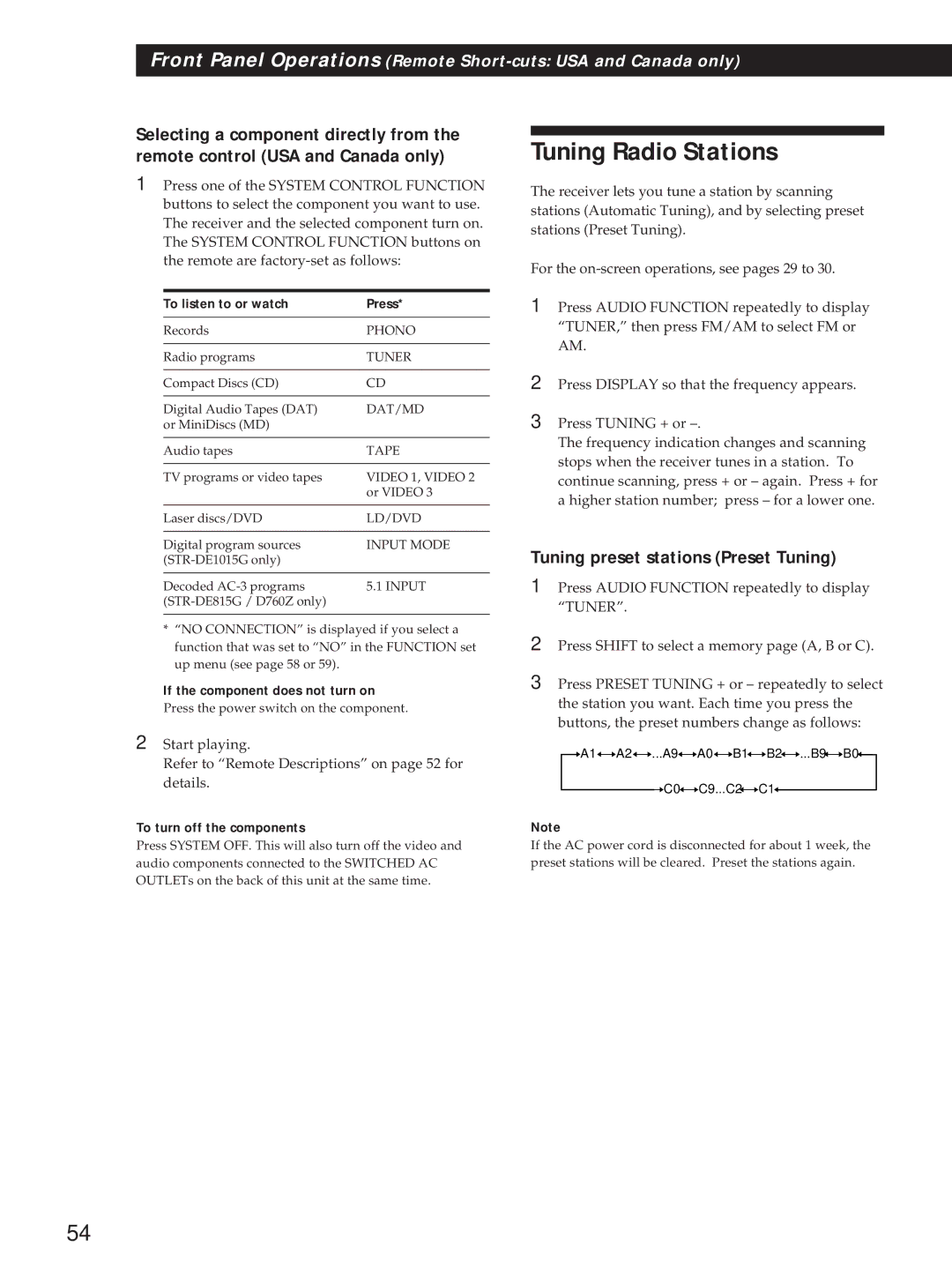 Sony STR-D760Z, STR-DE815G Tuning Radio Stations, To listen to or watch Press, If the component does not turn on 