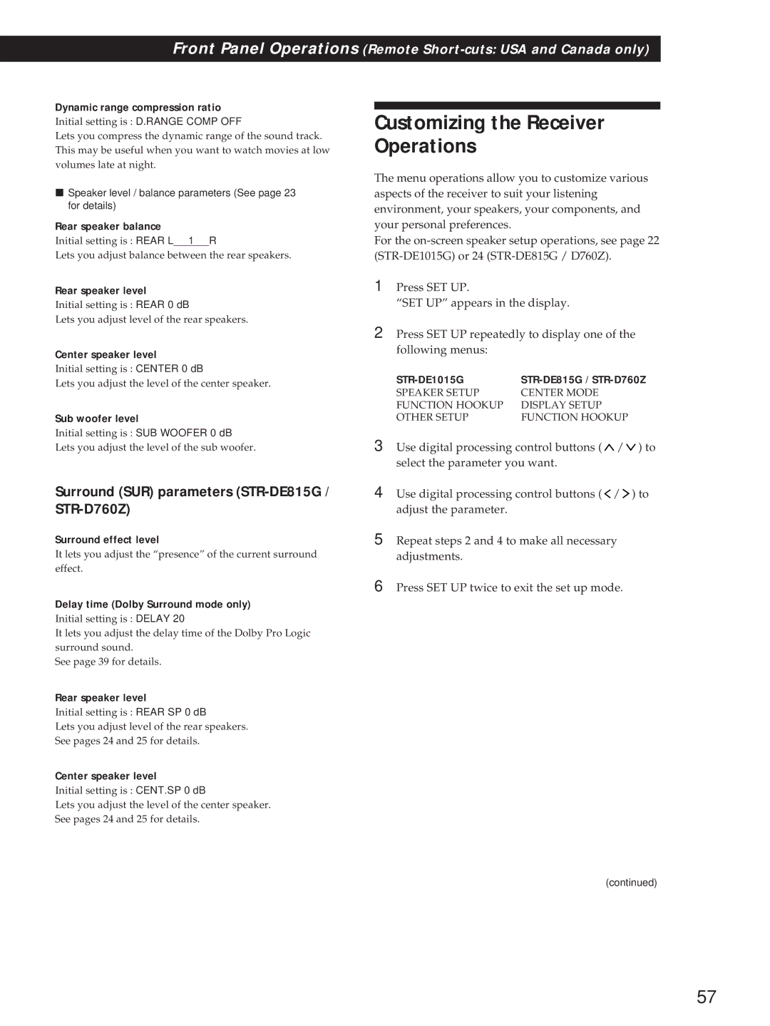 Sony operating instructions Customizing the Receiver Operations, Surround SUR parameters STR-DE815G / STR-D760Z 